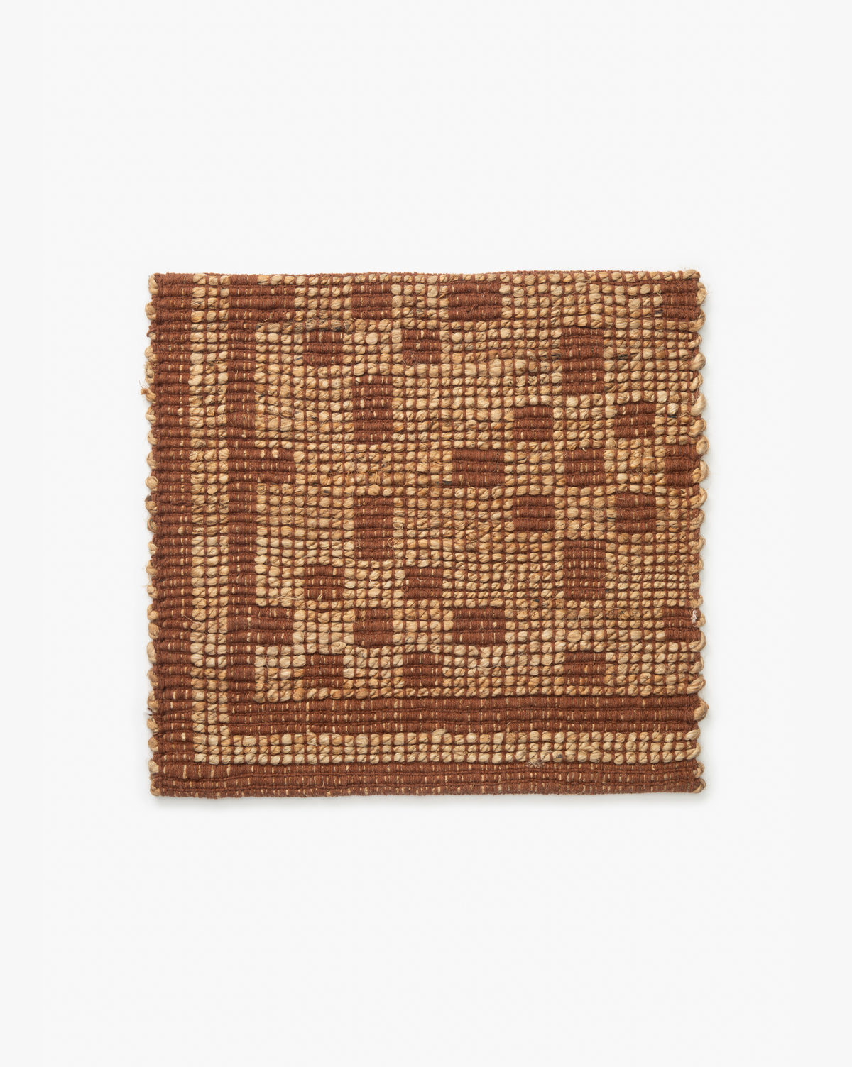 The Judy Spice Rug Collection No. 7 Swatch features a square, handwoven jute rug in natural and reddish-brown tones with a checkered design, bordered edges, and a textured surface, by McGee & Co.
