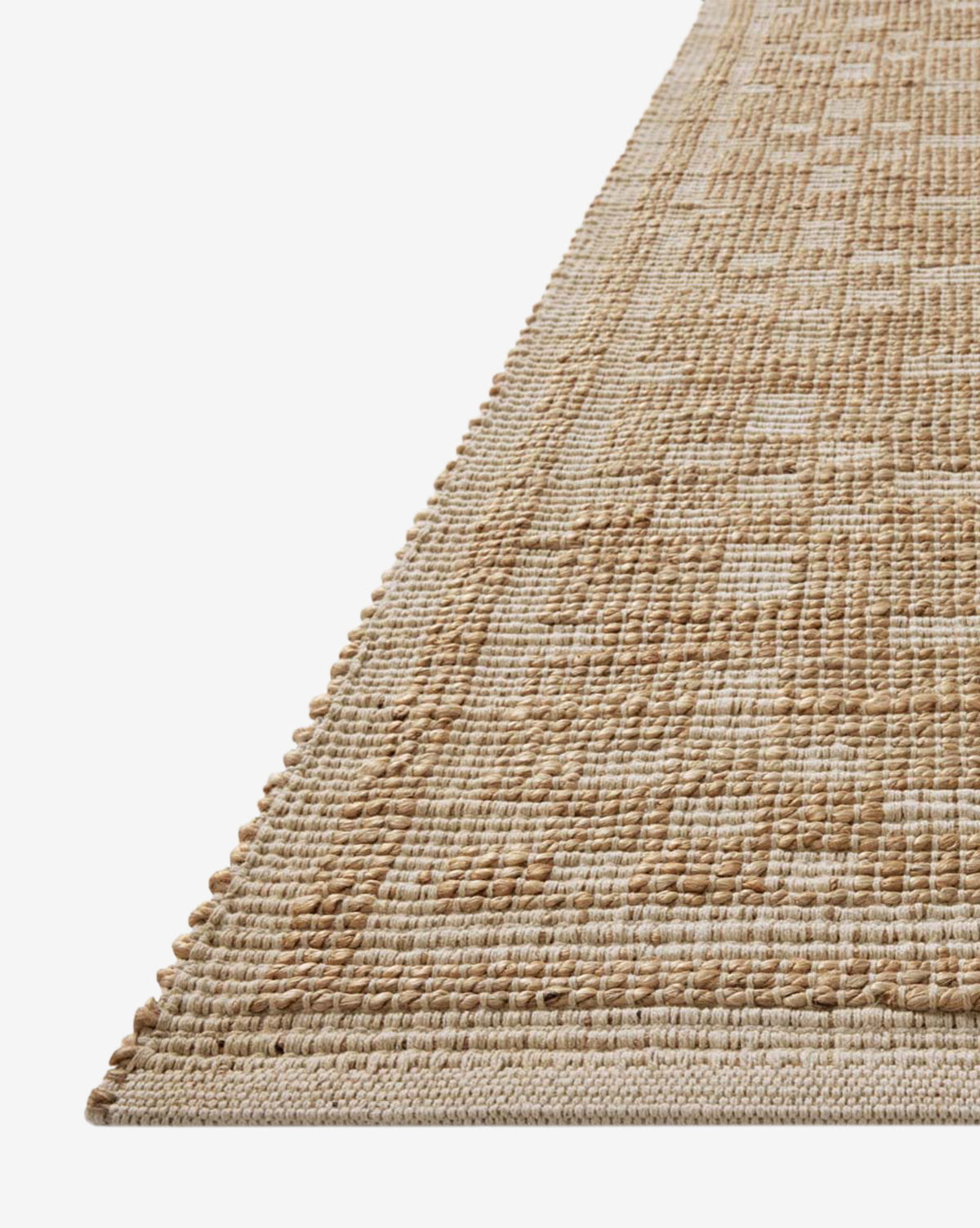 A close-up of the Judy Ivory Jute Rug Collection No. 7 shows its durable, textured woven beige and cream surface with a subtle checkered pattern, by McGee & Co.