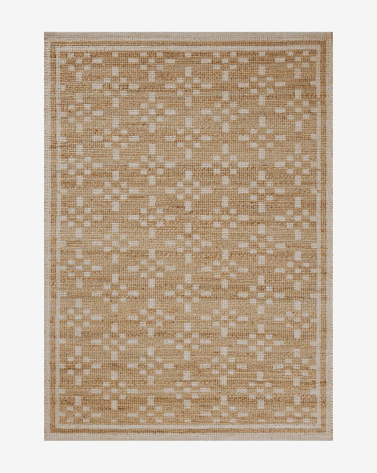 The Judy Ivory Jute Rug Collection No. 7 is a handwoven beige and tan area rug with a repeating diamond and cross geometric pattern, bordered by a simple rectangular frame in a neutral palette, by McGee & Co.