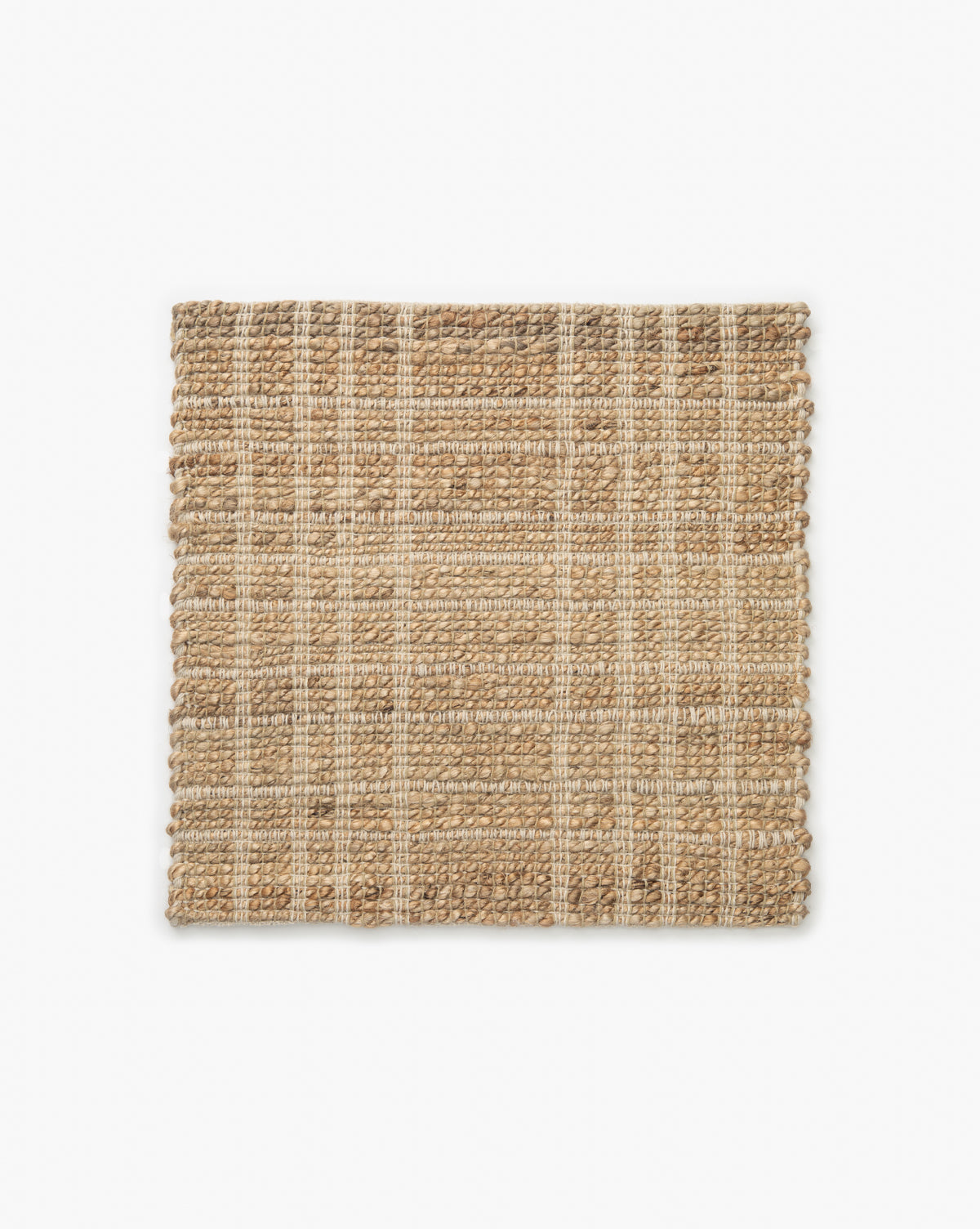 The Judy Rug Collection No. 1 Swatch is a square, handwoven rug in natural beige with a cream plaid pattern and chunky textured weave, offering a timeless neutral look, by McGee & Co.