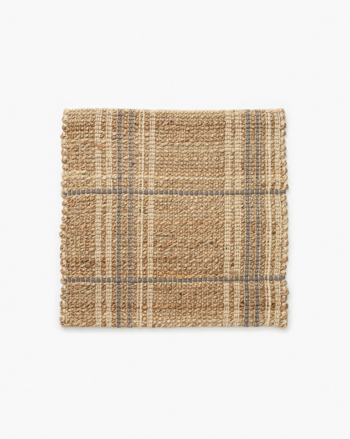 The Judy Rug Collection No. 2 Swatch is a square woven placemat in natural tan and beige with a subtle plaid pattern of intersecting stripes, featuring a coarse, chunky texture reminiscent of a neutral jute rug, by McGee & Co.
