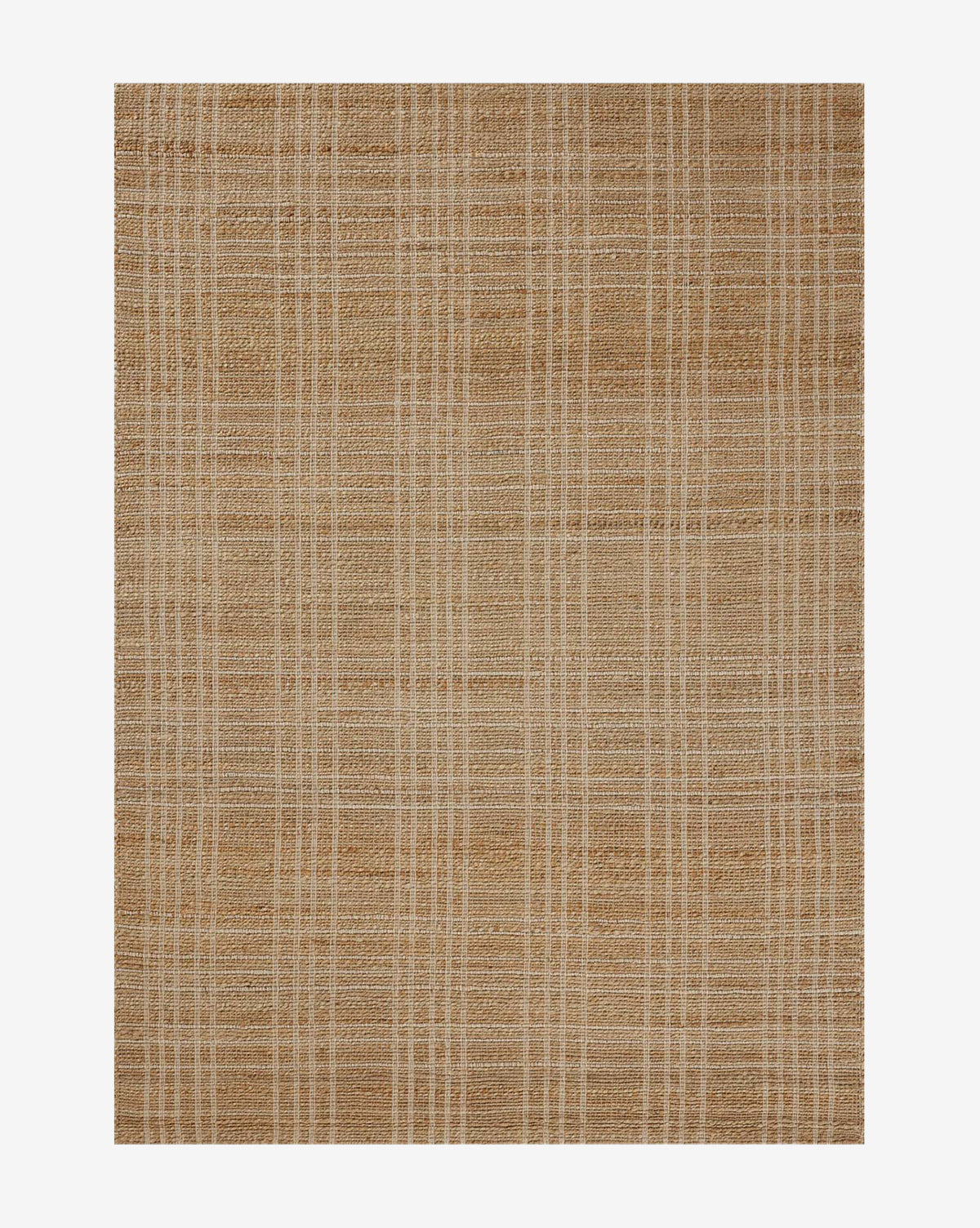 The Judy Jute Rug Collection No. 1 features a rectangular, woven jute rug with a light brown and beige plaid pattern. Its intersecting lines and neutral tones bring a natural, earthy vibe to any room by McGee & Co.