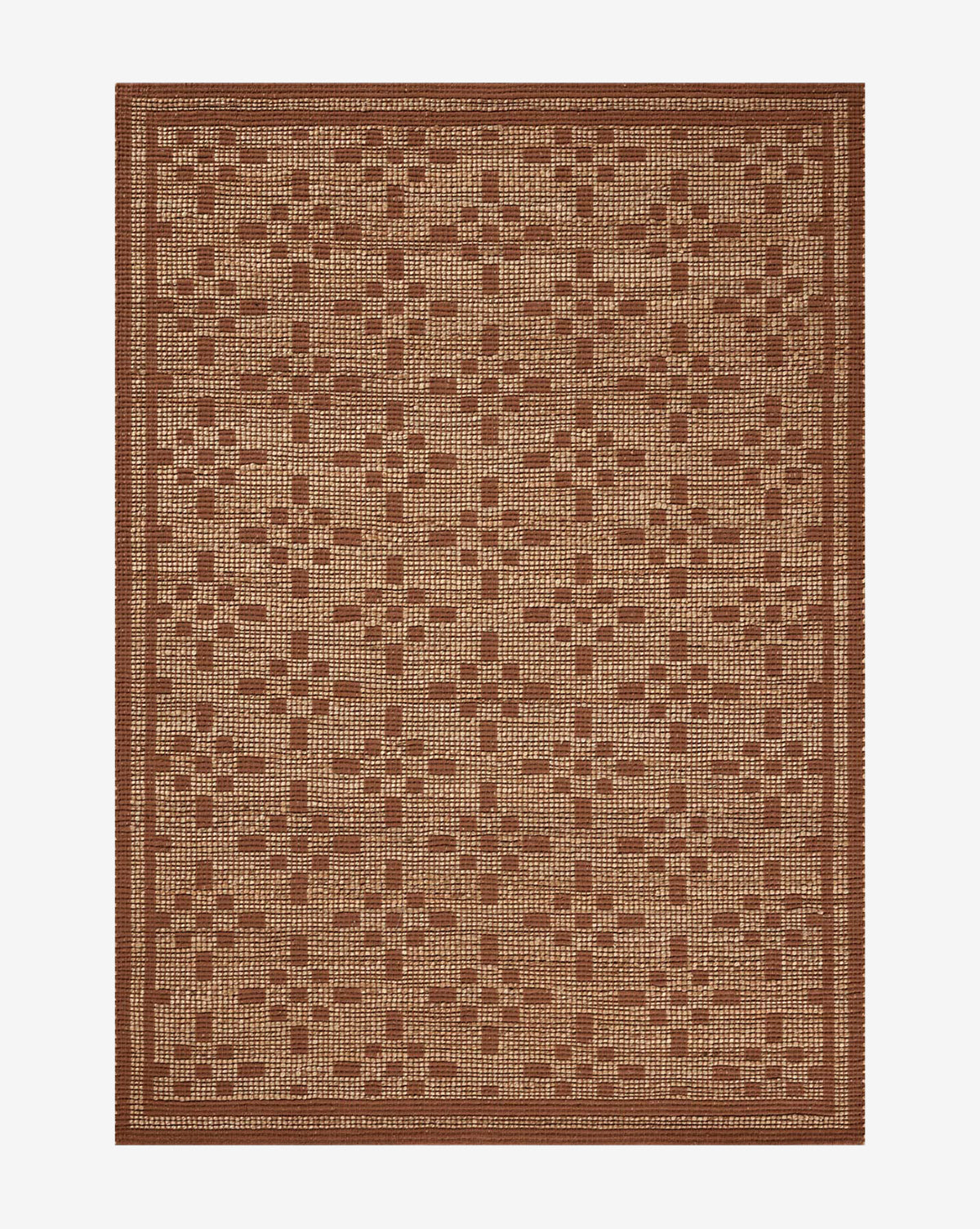 The Judy Spice Jute Rug Collection No. 7 features a rectangular, handwoven design with small square and plus sign patterns in brown and beige shades, bordered by a solid brown edge for added texture and style, by McGee & Co.