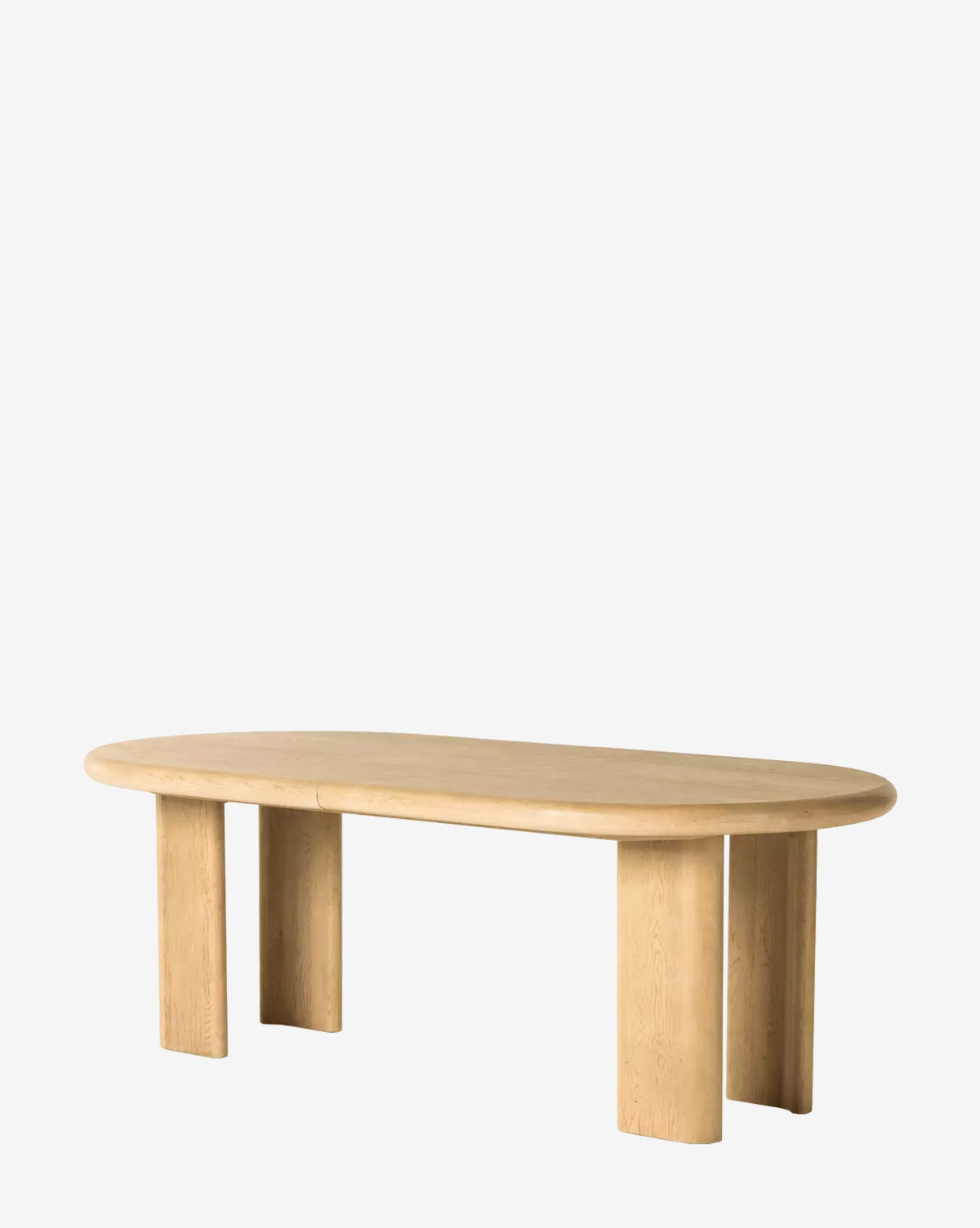 The Juliana Extension Dining Table features a light wood oval top with thick rectangular legs, crafted from solid oak, and highlights modern design against a plain white background, by McGee & Co.