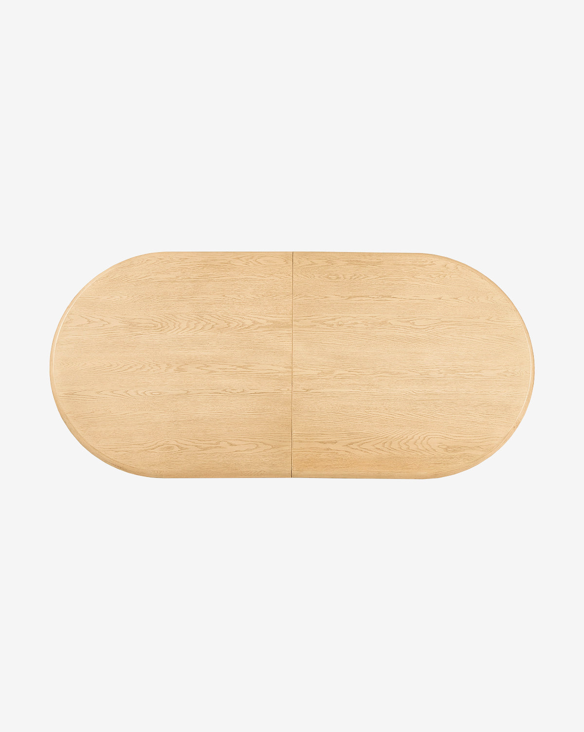 The Juliana Extension Dining Table features an oval solid oak top with a central seam, highlighting its modern design, shown from above on a plain white background by McGee & Co.