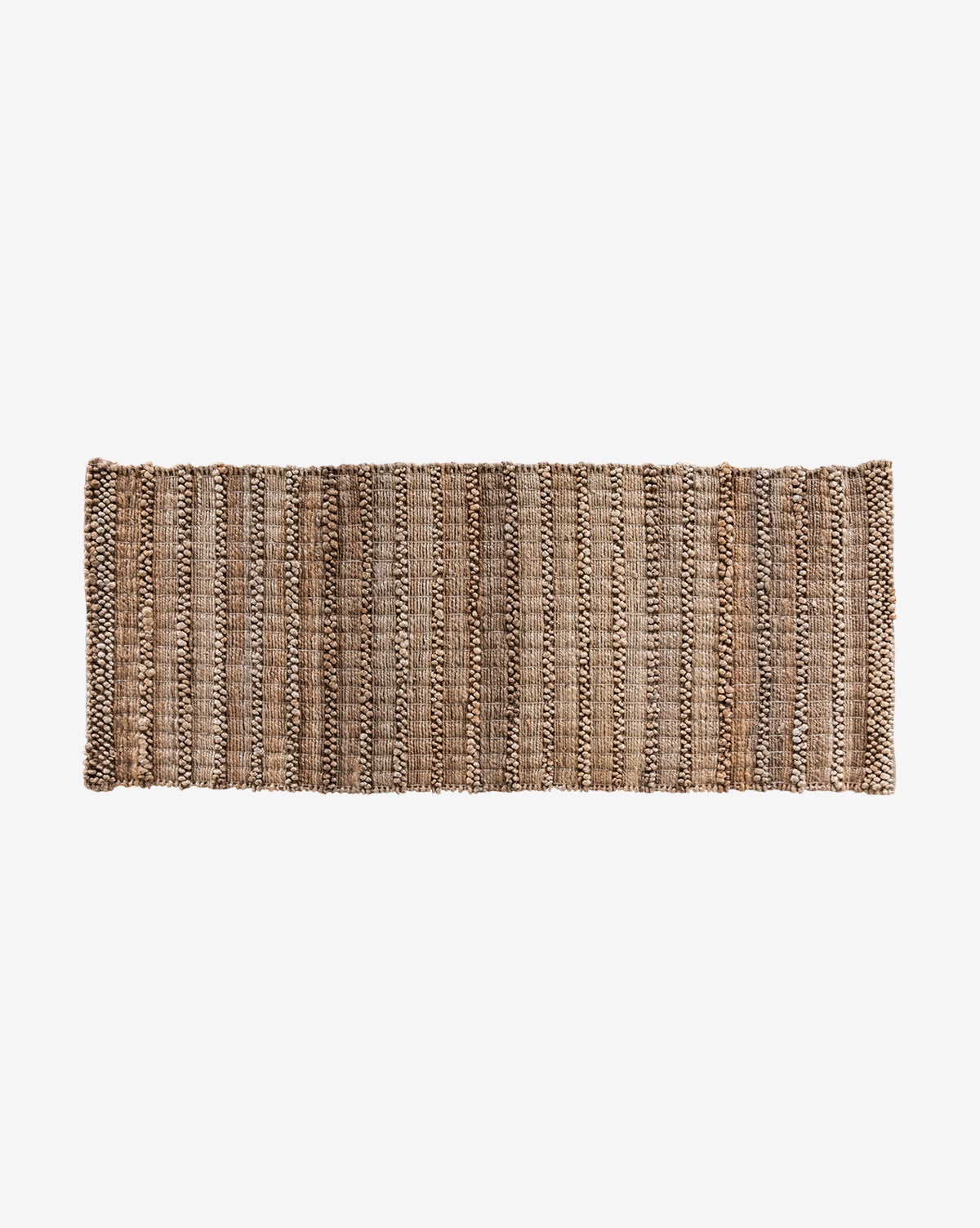 The Jute Doormat is a rectangular, hand-woven mat in earthy brown with a textured striped pattern, by McGee & Co. Made of natural fibers, it is shown against a plain white background.