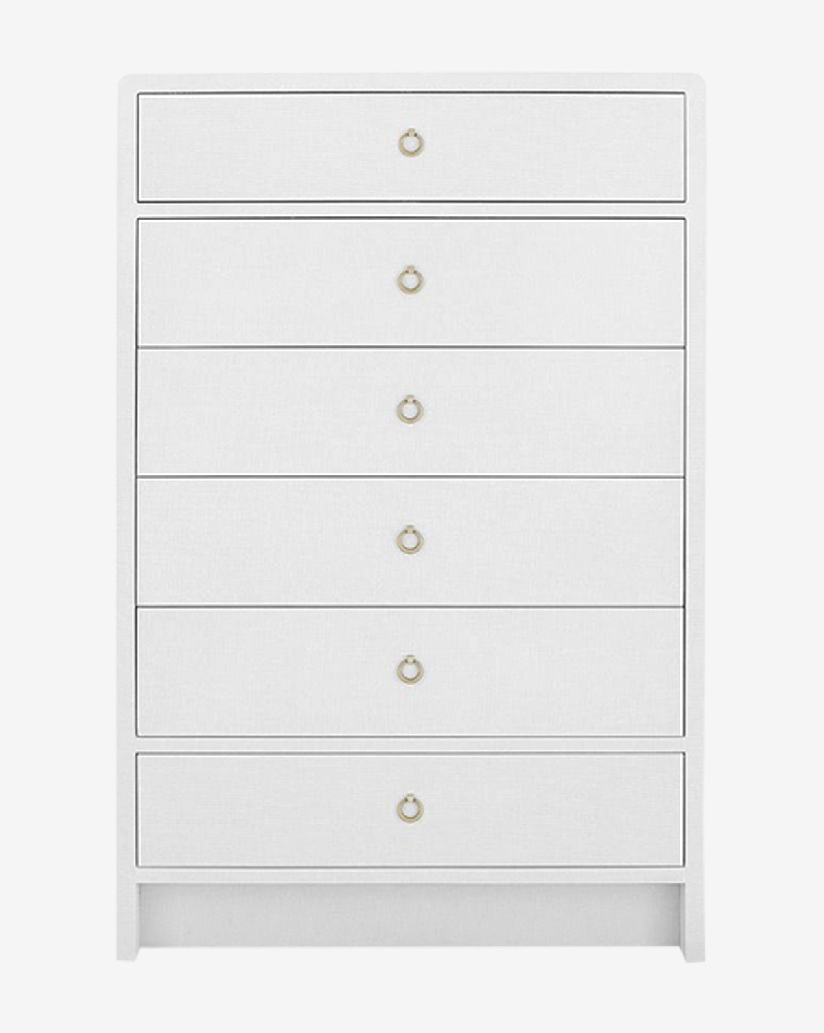 The Kaelen Dresser is a tall, white piece with six drawers, each accented by a small round antique brass center handle, showcasing a minimalist, modern design, by McGee & Co.