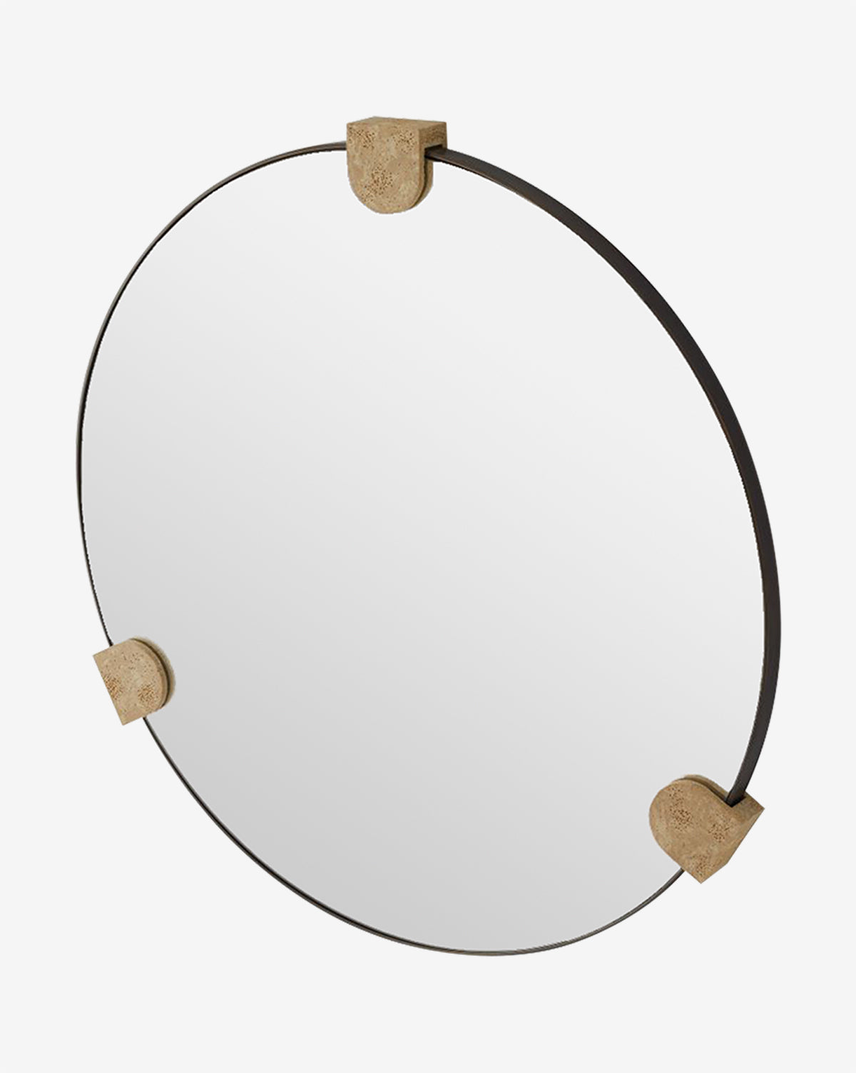 The Kairos Mirror is round with a thin bronze-plated steel frame and three tan, faux travertine semi-circular brackets spaced evenly around the edge, by McGee & Co.