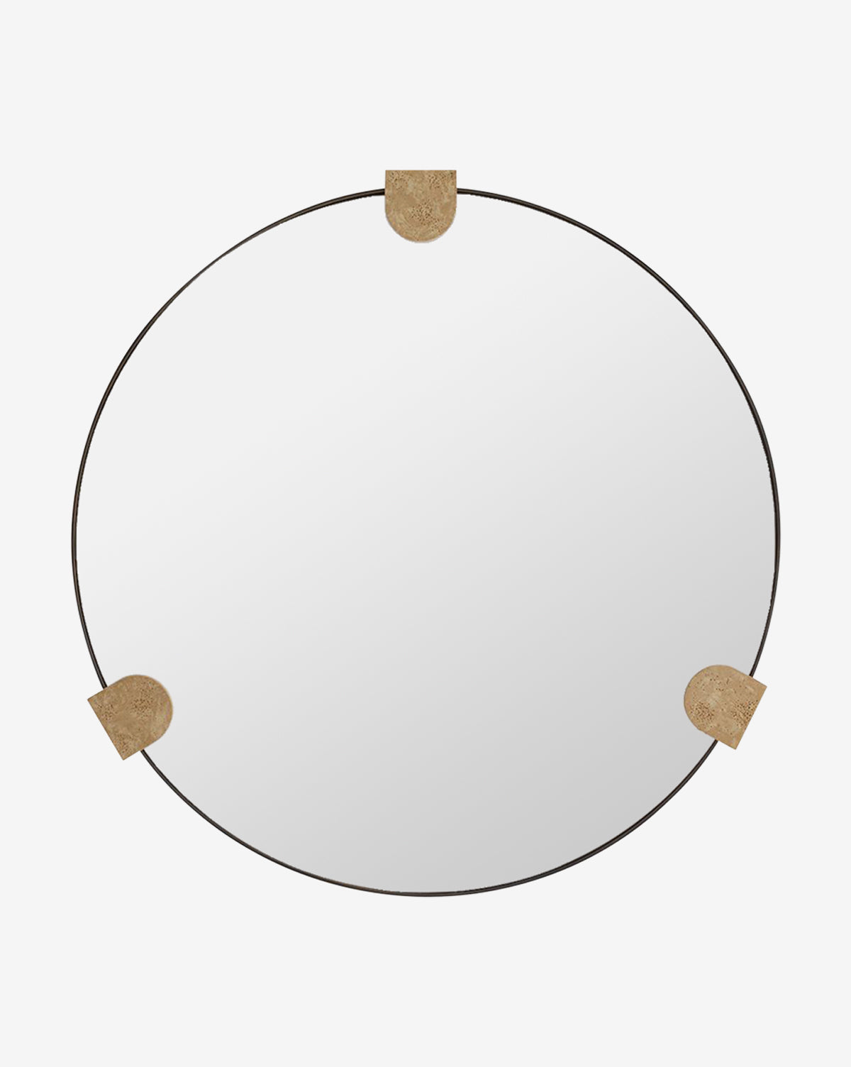 The Kairos Mirror is a round wall mirror featuring a slim black frame and three semi-circular faux travertine brackets in tan or beige, adding an elegant accent to any home decor, by McGee & Co.