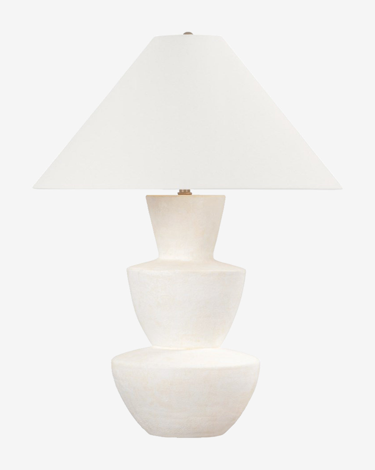 The Kamas Table Lamp showcases a modern geometric, tiered white ceramic base paired with a wide conical shade, making it a striking accent for any plain background, by McGee & Co.