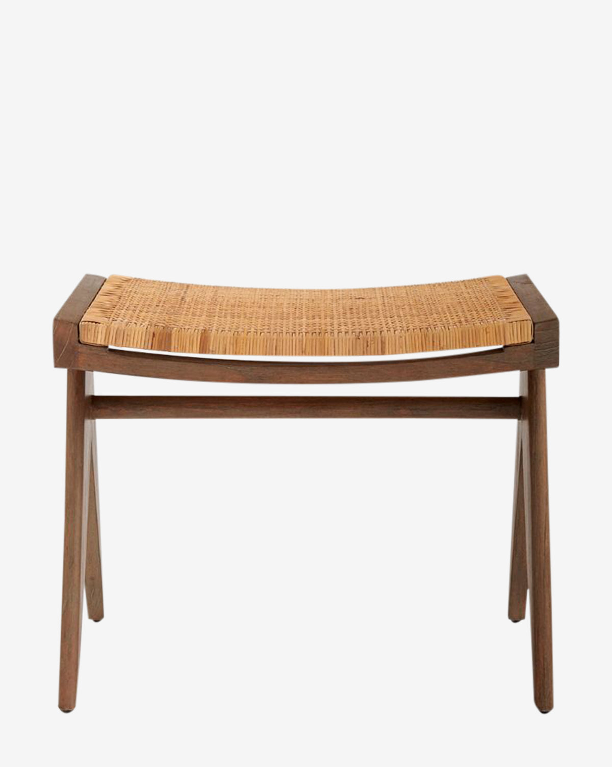The Kareen Stool by Villa & House, LLC is made from mahogany with angled legs and a hand-woven cane seat, featuring a minimalist mid-century modern design displayed on a plain white background. McGee & Co.
