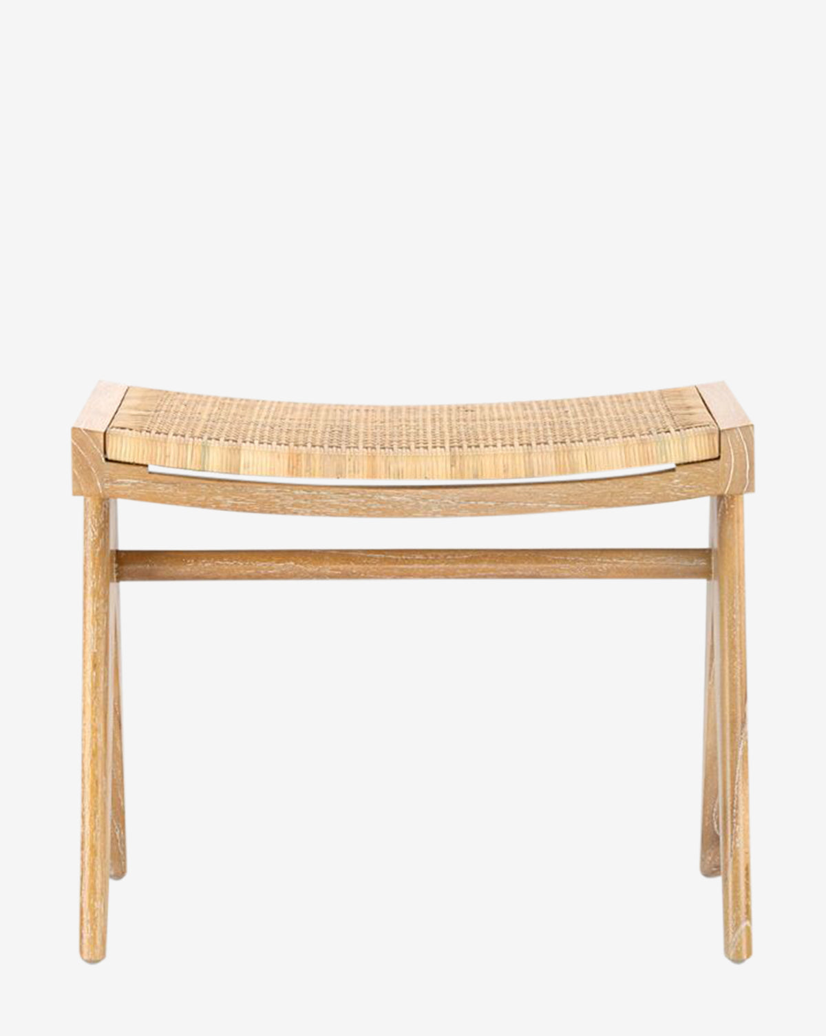 The Kareen Stool by Villa & House, LLC features a wooden frame with a hand-woven cane seat, four straight legs, and a horizontal support bar, all in a classic design with simple, clean lines. McGee & Co.