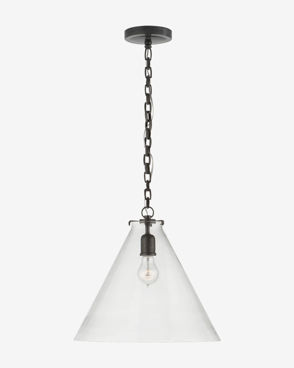 The Katie Conical Pendant features a clear glass, conical shade suspended by a dark metal chain and canopy, offering an elegant industrial look with its visible bulb design, by McGee & Co.