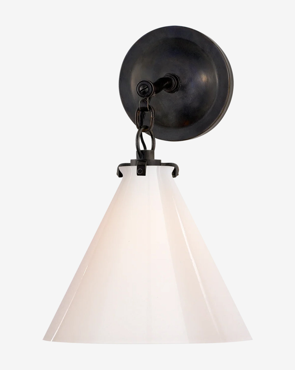 The Katie Conical Sconce by Visual Comfort & Co. Signature is a wall-mounted industrial light with a round dark metal base, chain link detail, and white glass conical shade, by McGee & Co.