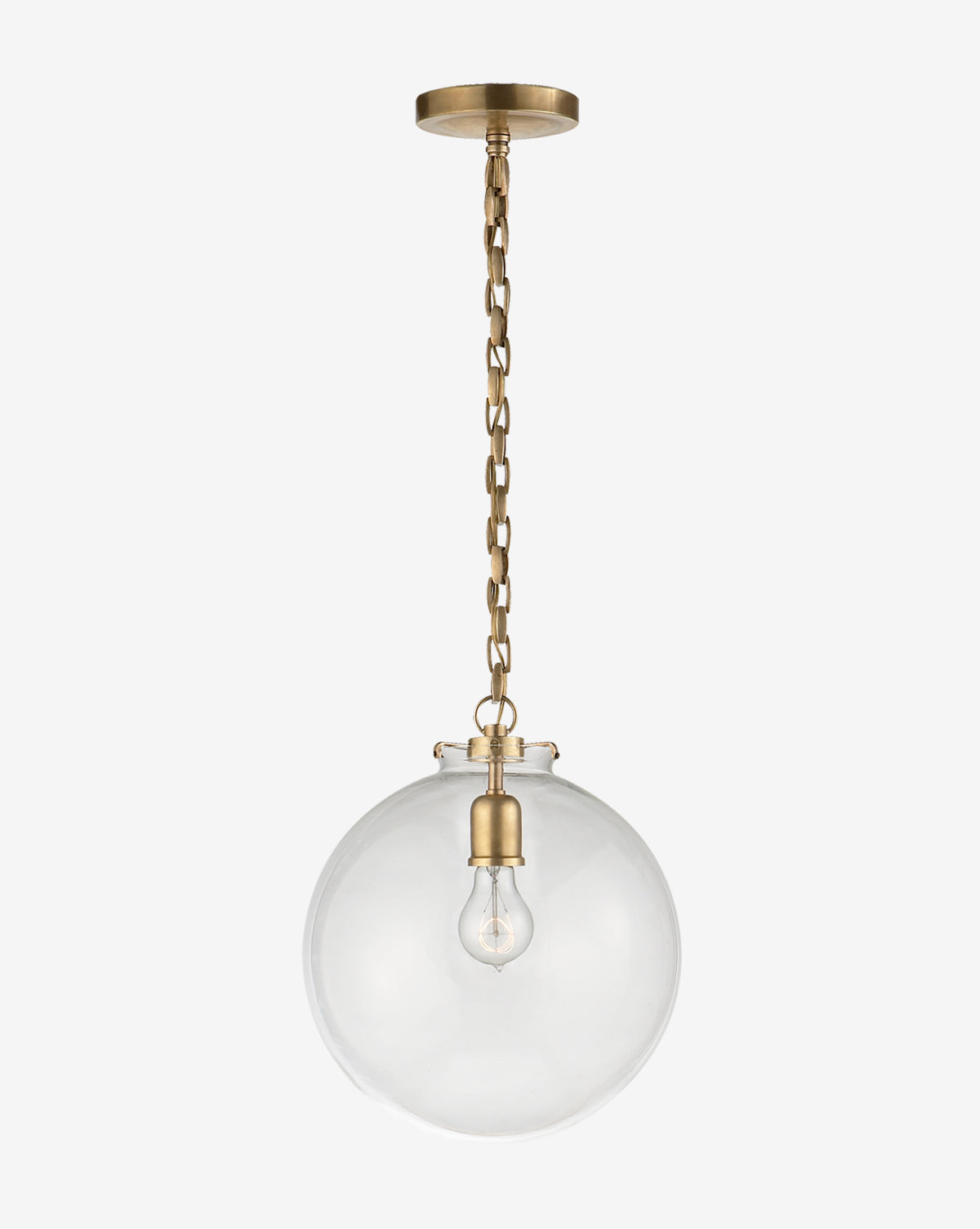 The Katie Globe Pendant by Visual Comfort & Co. Signature features a chain link, clear round glass globe shade, and exposed bulb for a classic look. McGee & Co.