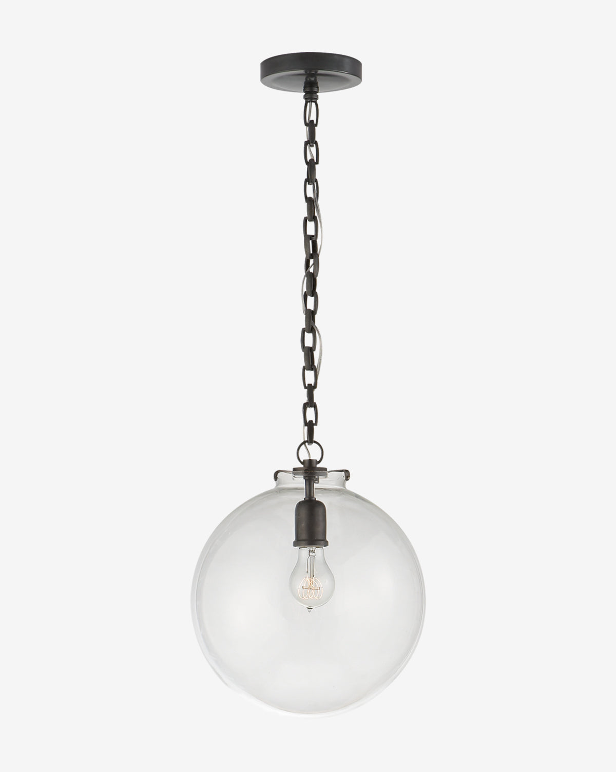 The Katie Globe Pendant by Visual Comfort & Co. Signature features a modern round glass globe and black metal chain, elegantly displaying a visible bulb from a ceiling mount against a plain white background—McGee & Co.