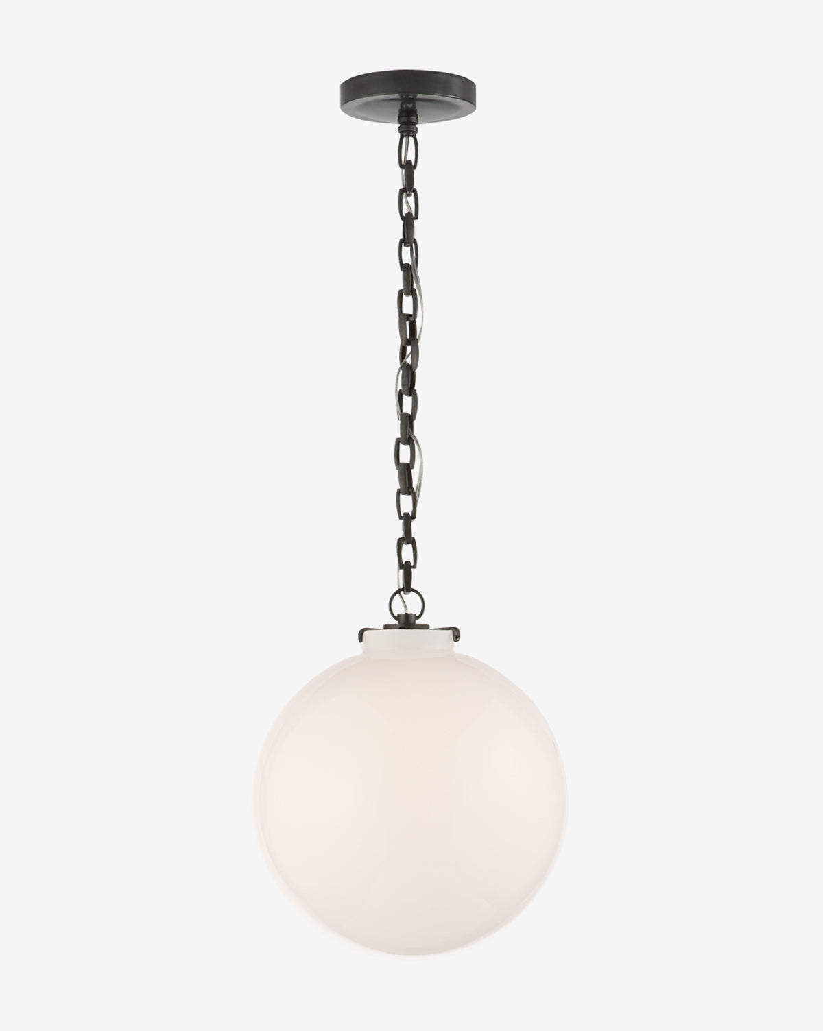 The Katie Globe Pendant by Visual Comfort & Co. Signature features a frosted white glass globe, suspended from a black chain and ceiling mount, seamlessly blending classic charm with modern style by McGee & Co.
