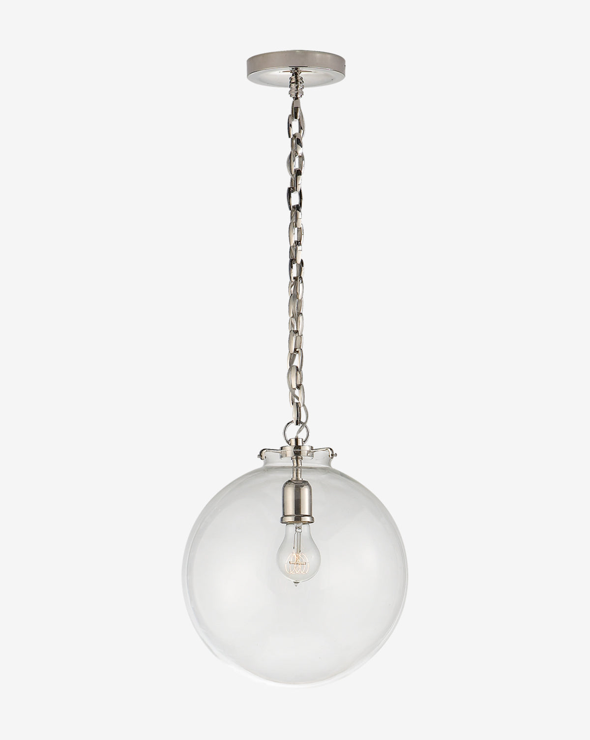 The Katie Globe Pendant by Visual Comfort & Co. Signature features a modern round glass globe with a clear shade, suspended by a silver chain and showcasing a visible bulb for a sleek update on classic pendant lighting. McGee & Co.