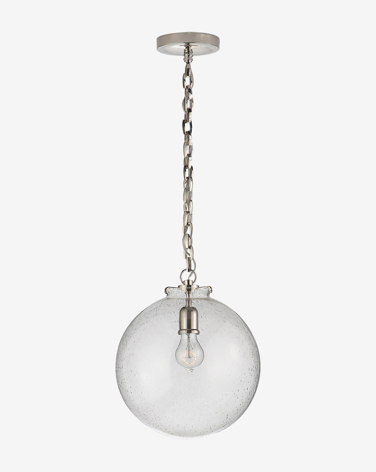 The Katie Globe Pendant by Visual Comfort & Co. Signature features a modern round glass shade and visible bulb, hanging from a chain link and ceiling mount for a sleek, minimalist look. McGee & Co.