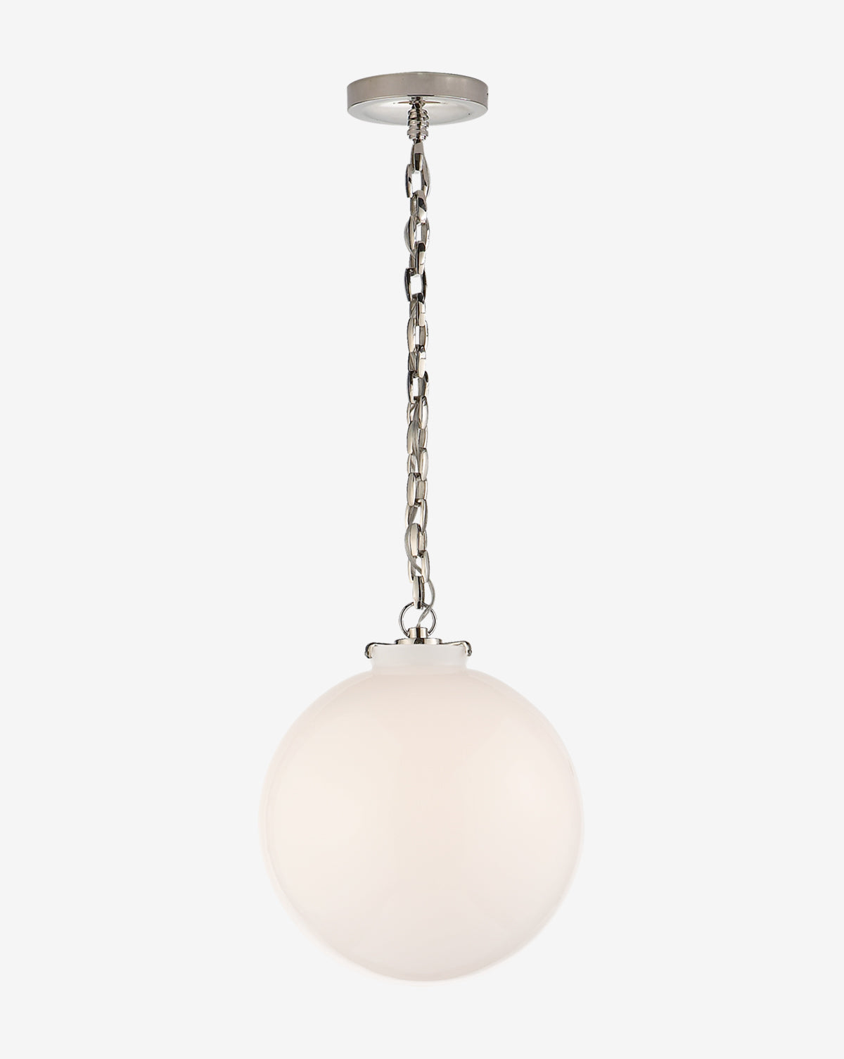 The Katie Globe Pendant by Visual Comfort & Co. Signature features a round glass globe suspended by a chain and circular ceiling mount, shown against a plain white background. McGee & Co.