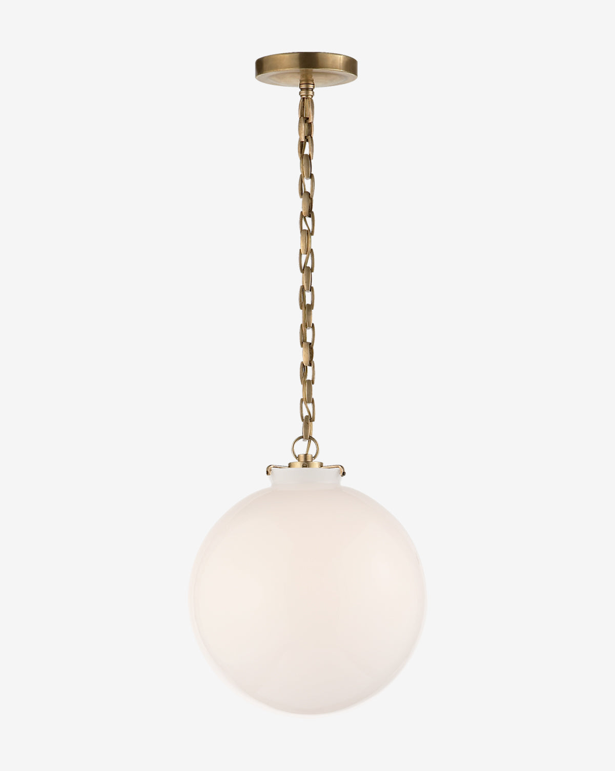 The Katie Globe Pendant by Visual Comfort & Co. Signature features a modern round glass globe with a frosted shade, suspended from a brass chain link and ceiling mount, shown against a white background by McGee & Co.