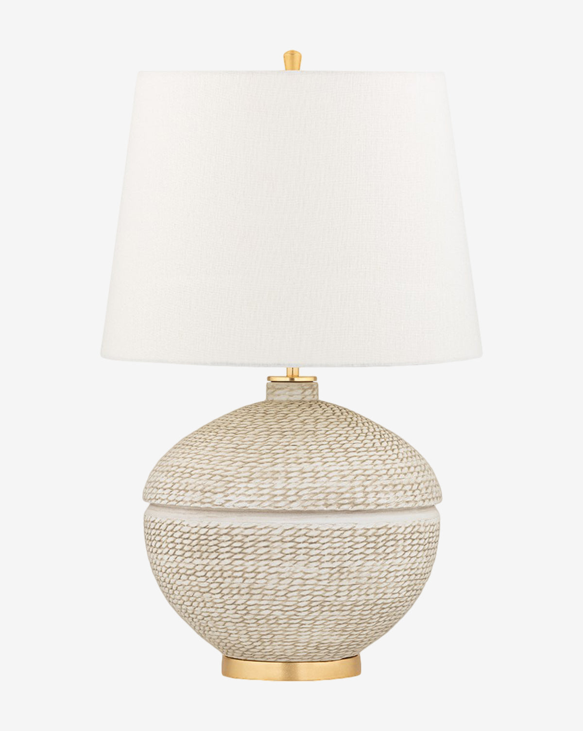 The Katonah Table Lamp has a round, textured beige base with horizontal grooves and a gold accent, complemented by a Belgian linen shade and gold finial—an elegant touch for any room, by McGee & Co.