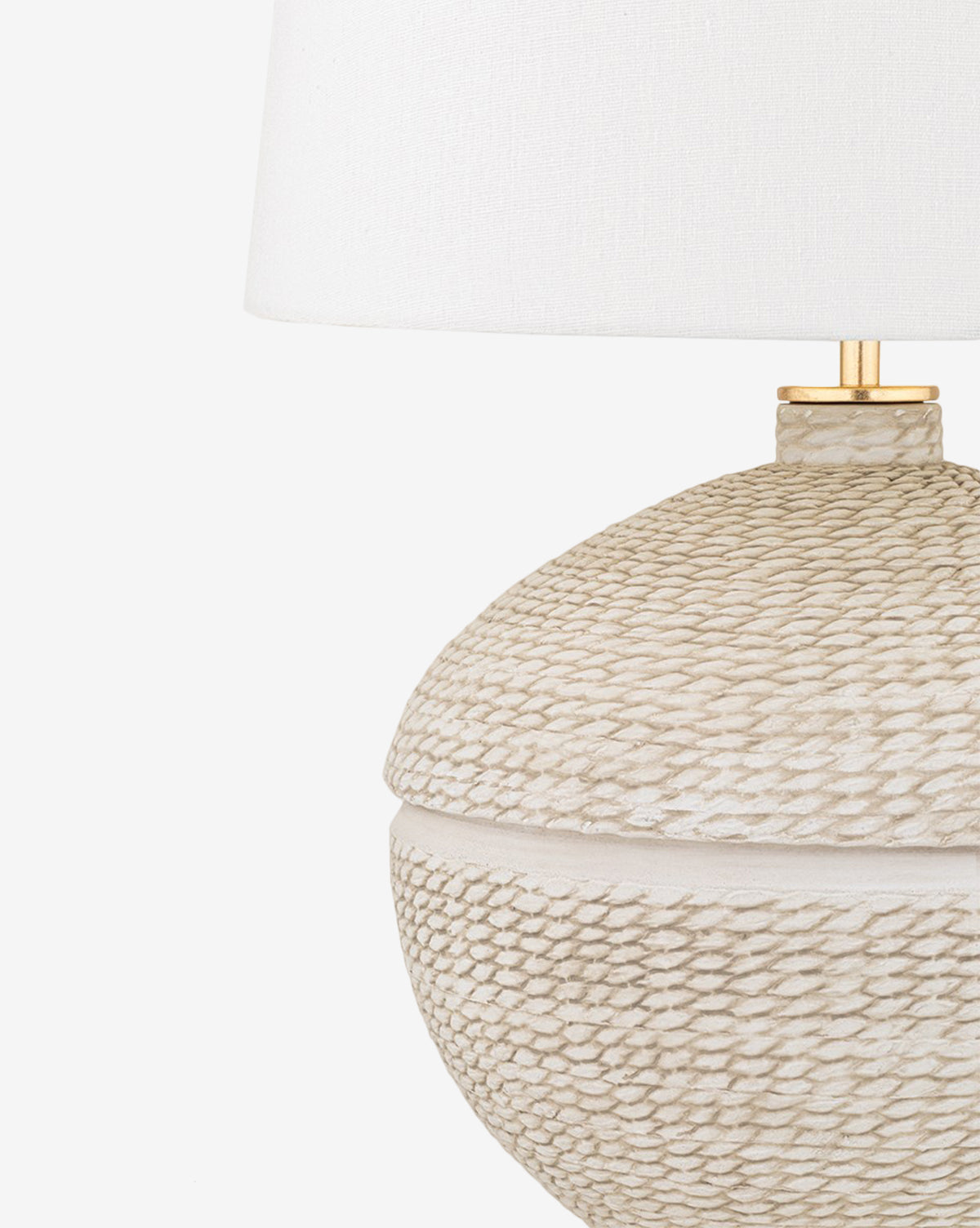 The Katonah Table Lamp showcases a textured, hand-woven base, a crisp Belgian linen shade, and a subtle gold accent near the top, by McGee & Co.