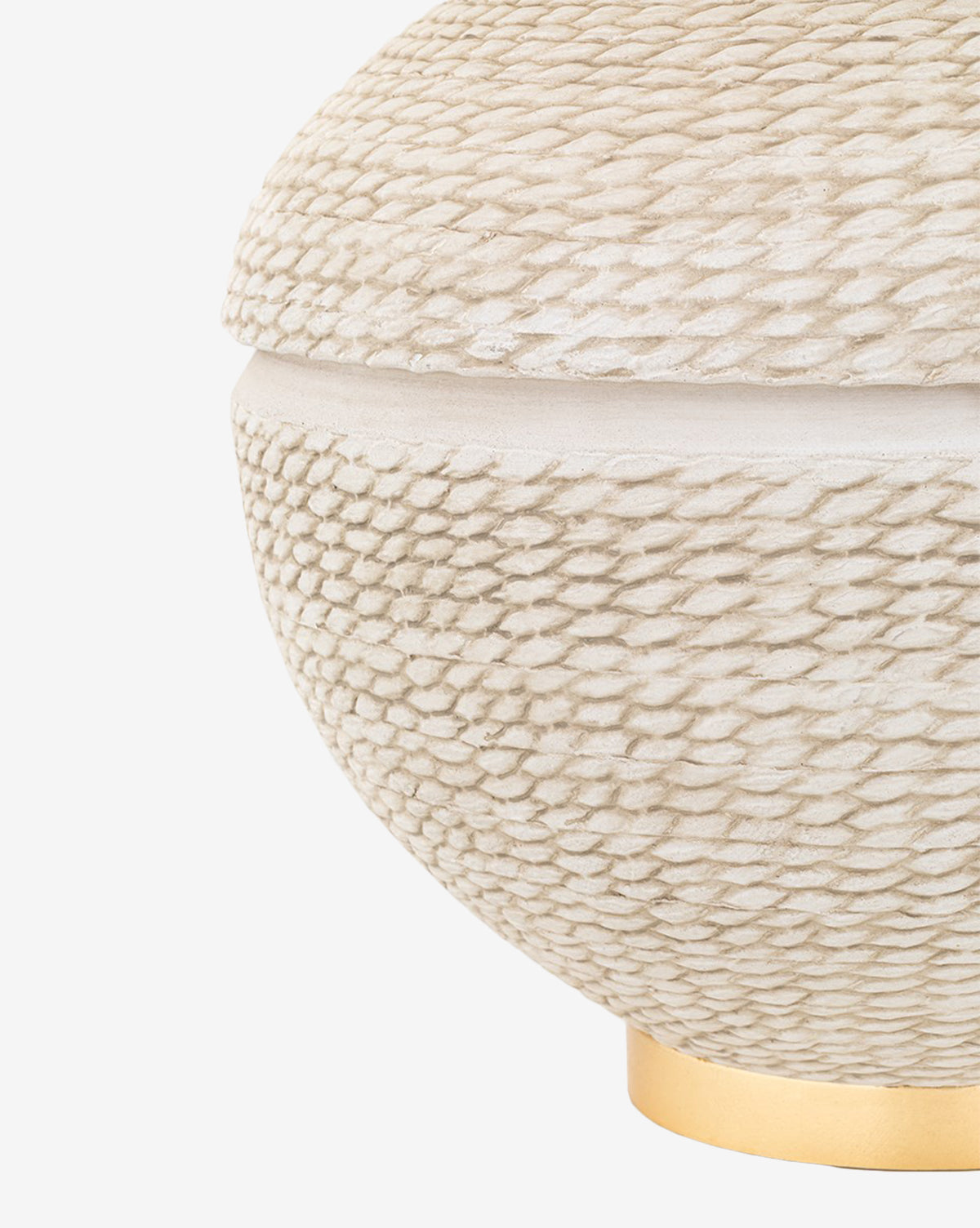 Close-up of the Katonah Table Lamp, featuring a textured, cream hand-woven round base on a gold stand. Paired with a Belgian linen shade, it stands out beautifully against a plain white background, by McGee & Co.