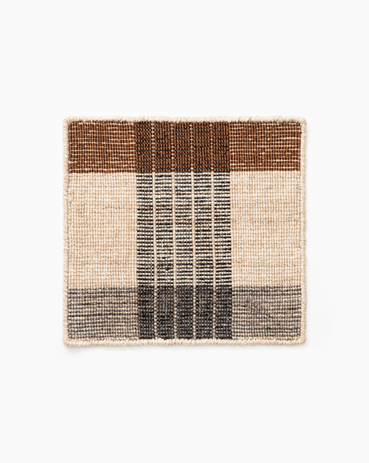 The Keenan Indoor/Outdoor Rug Swatch is a square, handwoven rug with a plaid pattern of horizontal and vertical stripes in brown, beige, and black on a light background by McGee & Co.