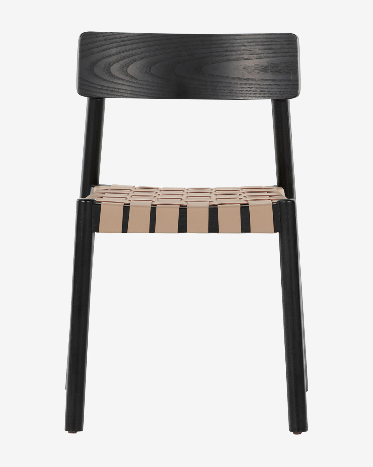 The Keiser Dining Chair showcases a sleek black finish, solid backrest, and beige interwoven strap seat. Its minimalist design and clean silhouette are highlighted against a white background, by McGee & Co.