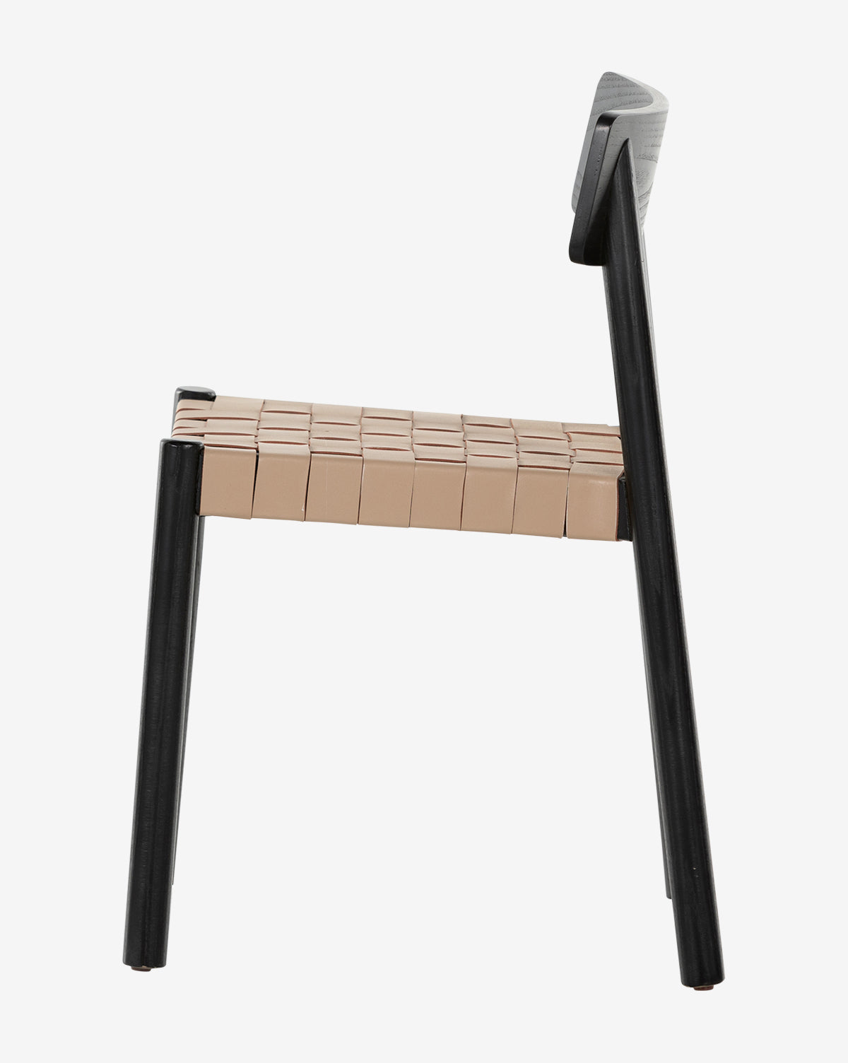 Side view of the Keiser Dining Chair, showcasing its woven leather seat, black finish, minimalist design, angled black legs, and a gently reclined backrest, by McGee & Co.