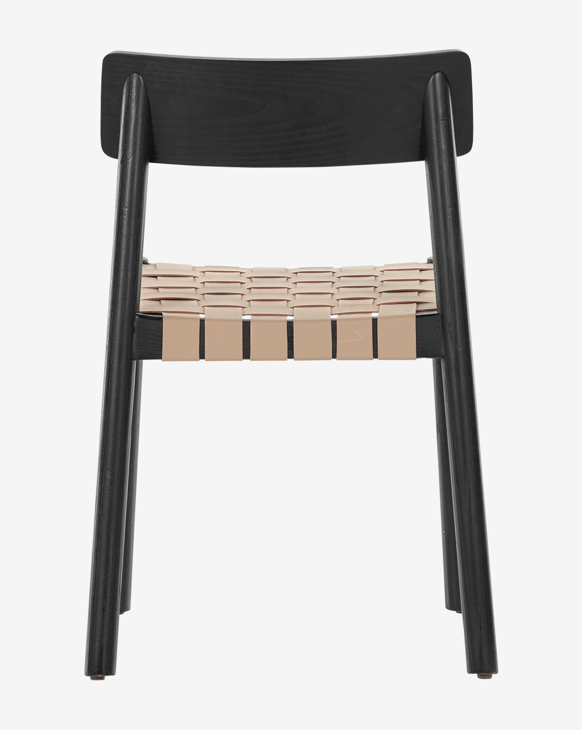 The Keiser Dining Chair has a minimalist black frame and a beige woven leather seat, displayed from the back against a plain white background, by McGee & Co.