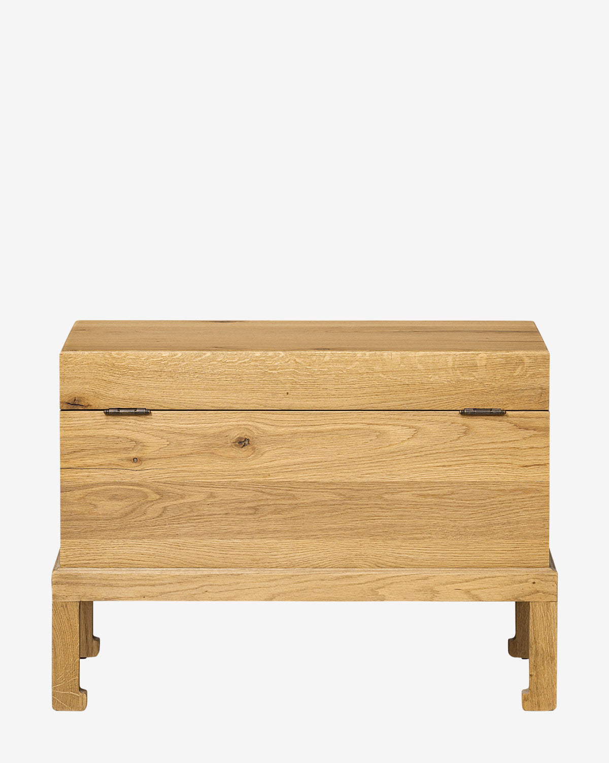 The Kenneth Bench is a rectangular wooden storage chest with a hinged lid, four block-style legs, and iron hardware, displayed against a plain white background by McGee & Co.