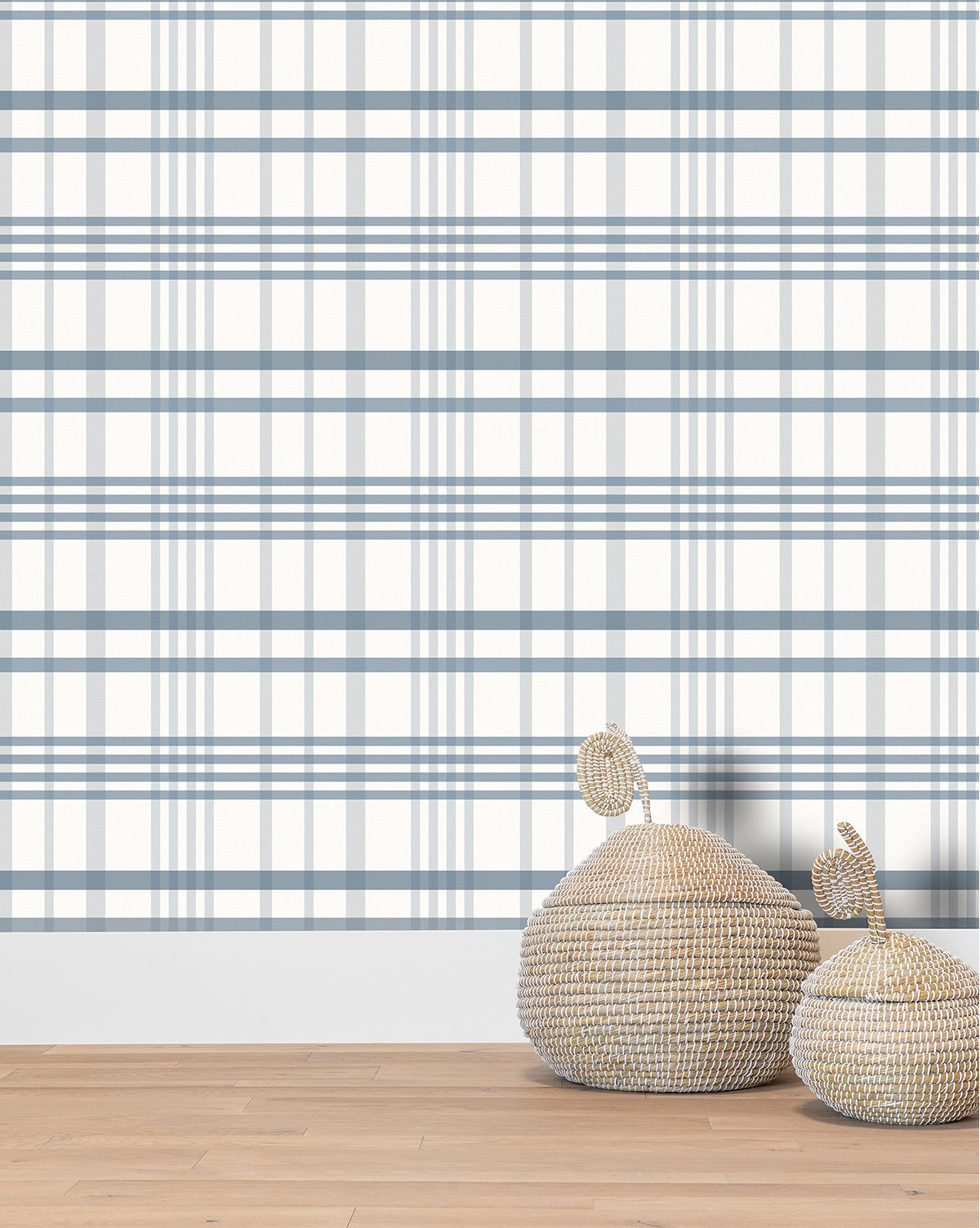 Custom plaid wallpaper in light blue and medium blue stripes from McGee & Co.
