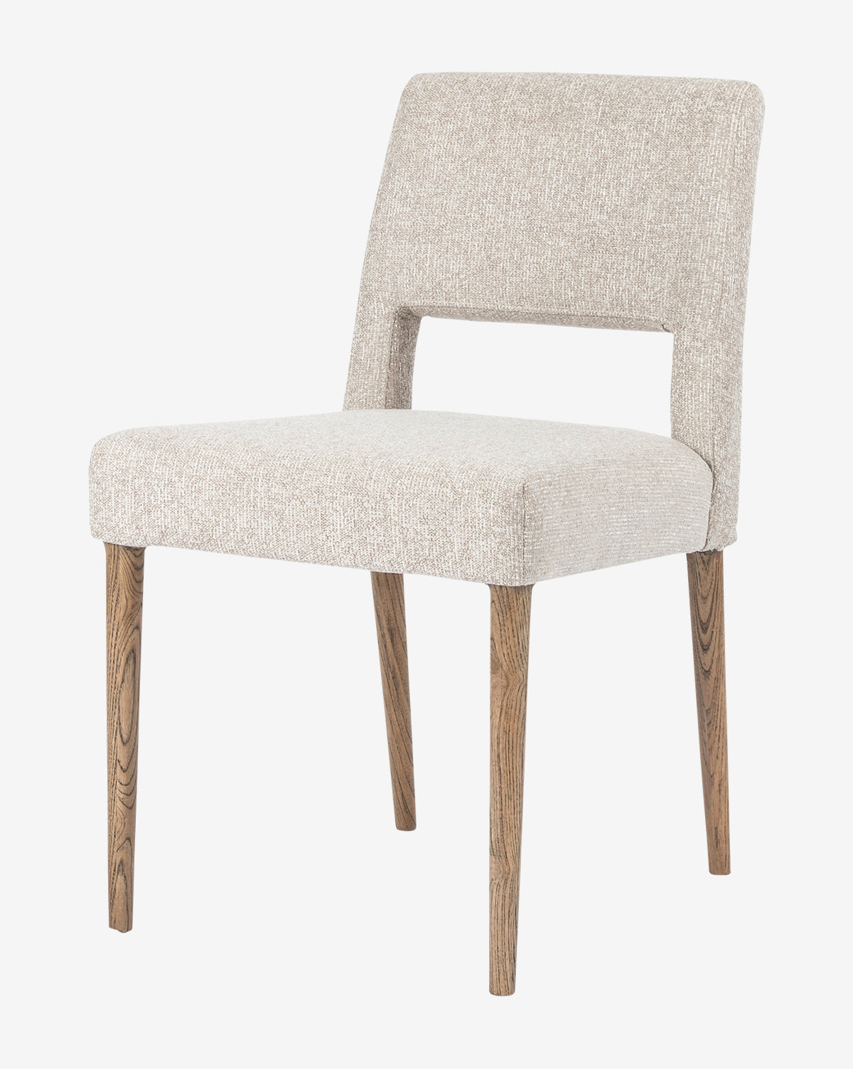 The Kiernan Dining Chair features a contemporary design with light beige upholstery, a sleek rectangular cutout in the backrest, and four straight natural wood legs—ideal for any modern dining area, by McGee & Co.