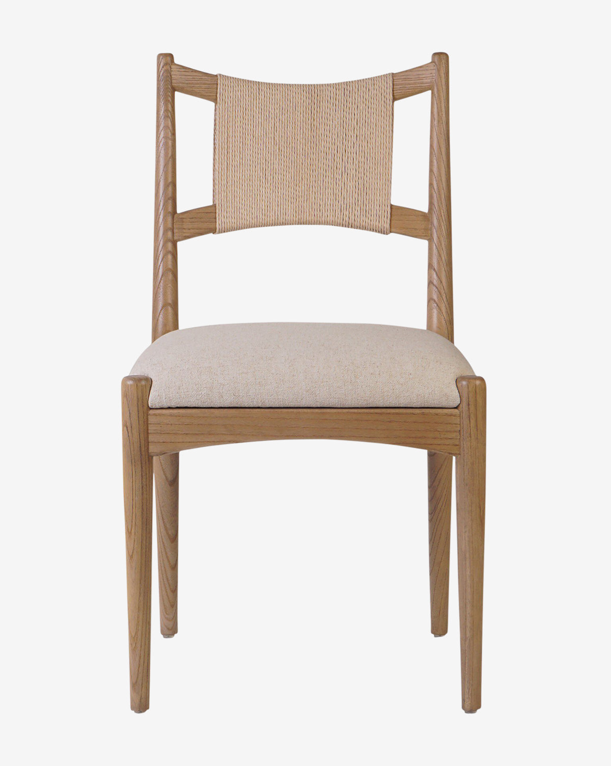 The Kimball Dining Chair features a wood frame, light beige performance fabric seat, and woven backrest. Shown front-facing on a white background, it has a minimalist modern design with clean lines, by McGee & Co.