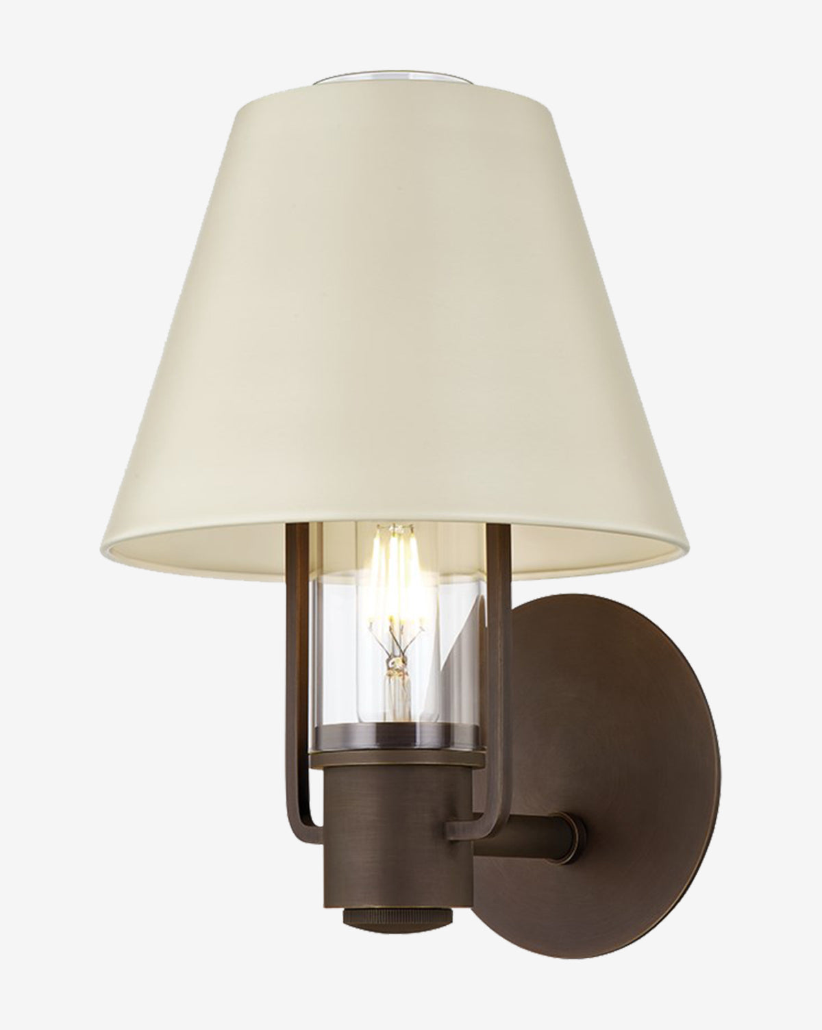 The Kindle Sconce by Troy Lighting features a wall-mounted design with a round dark bronze base, cylindrical glass bulb cover, and cream cone-shaped shade, offering modern style through its sleek steel structure. McGee & Co.