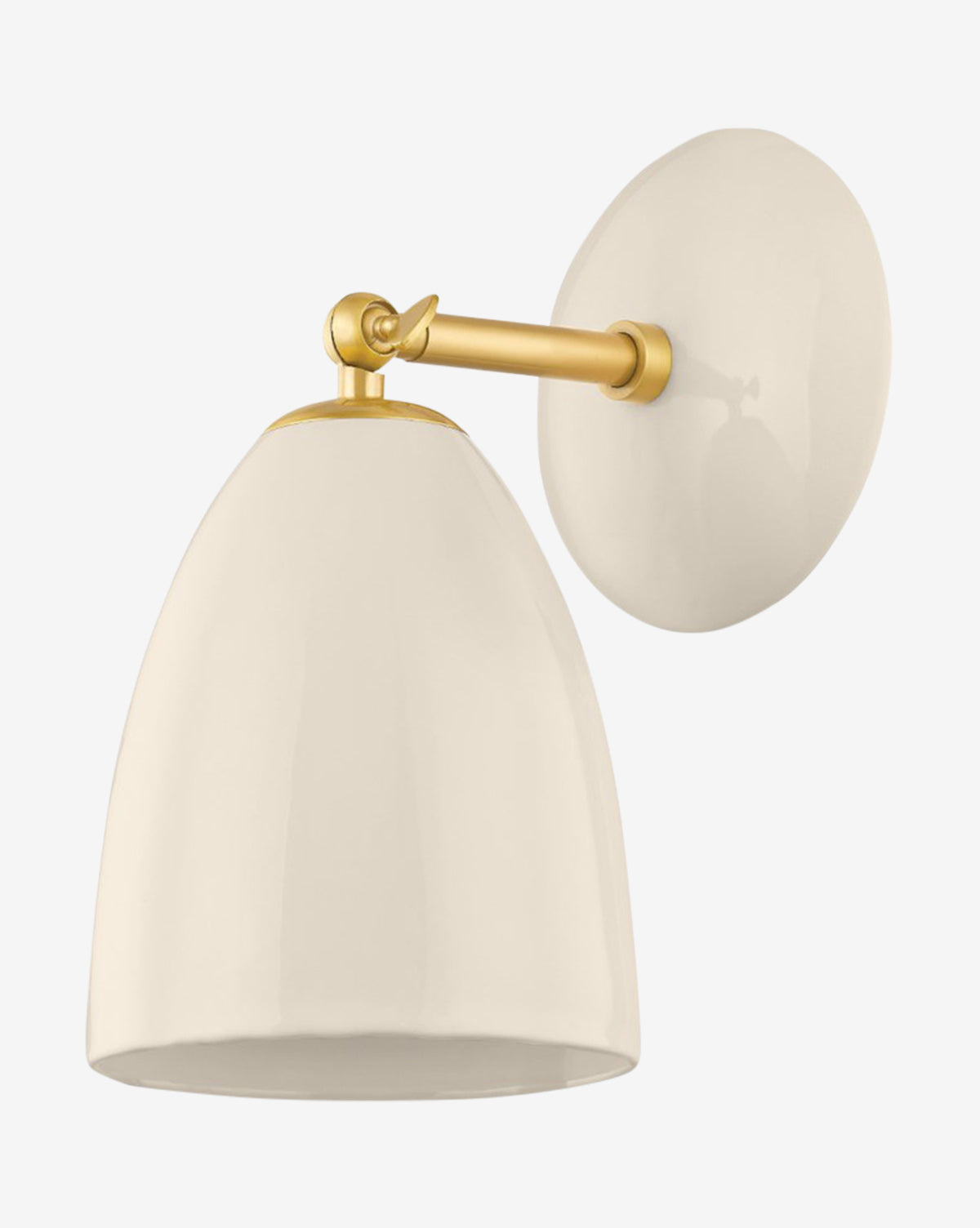 The Kirsten Wall Sconce by Hudson Valley Lighting features a glossy white bell-shaped ceramic shade on a round backplate with aged brass hardware, offering a modern, elegant accent to any space. McGee & Co.