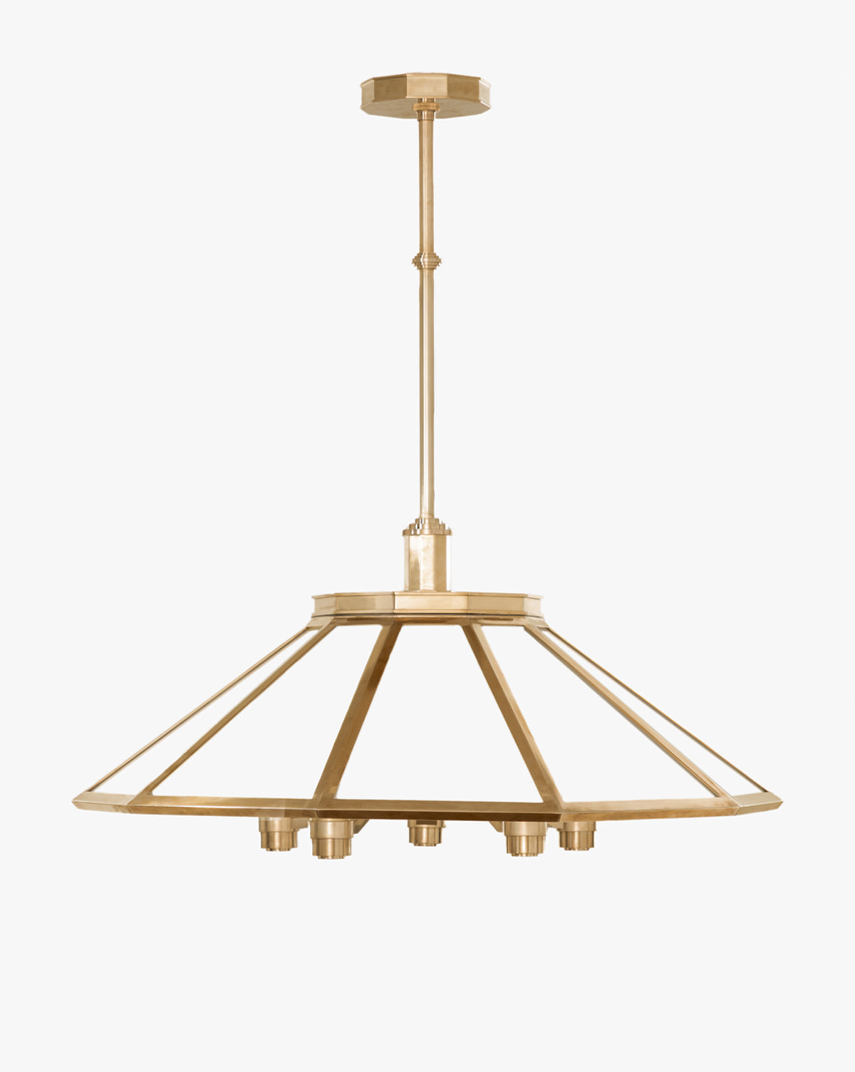 The Knightley Chandelier by Meredith (China) Ltd features a wide gold metal conical frame, suspended by a matching rod, with six light sockets in a circular arrangement at the base, McGee & Co.