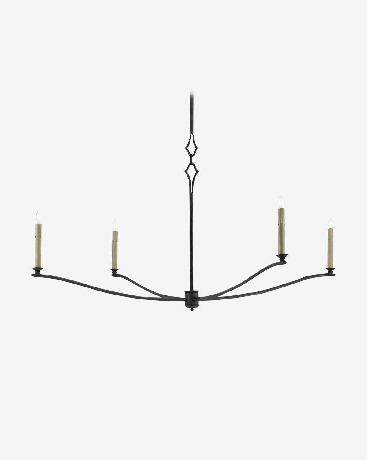 The Knole Chandelier by Currey & Co. features a minimalist black wrought iron design with four candle-style bulbs on extended arms, hanging from a decorative central rod against a white background. McGee & Co.