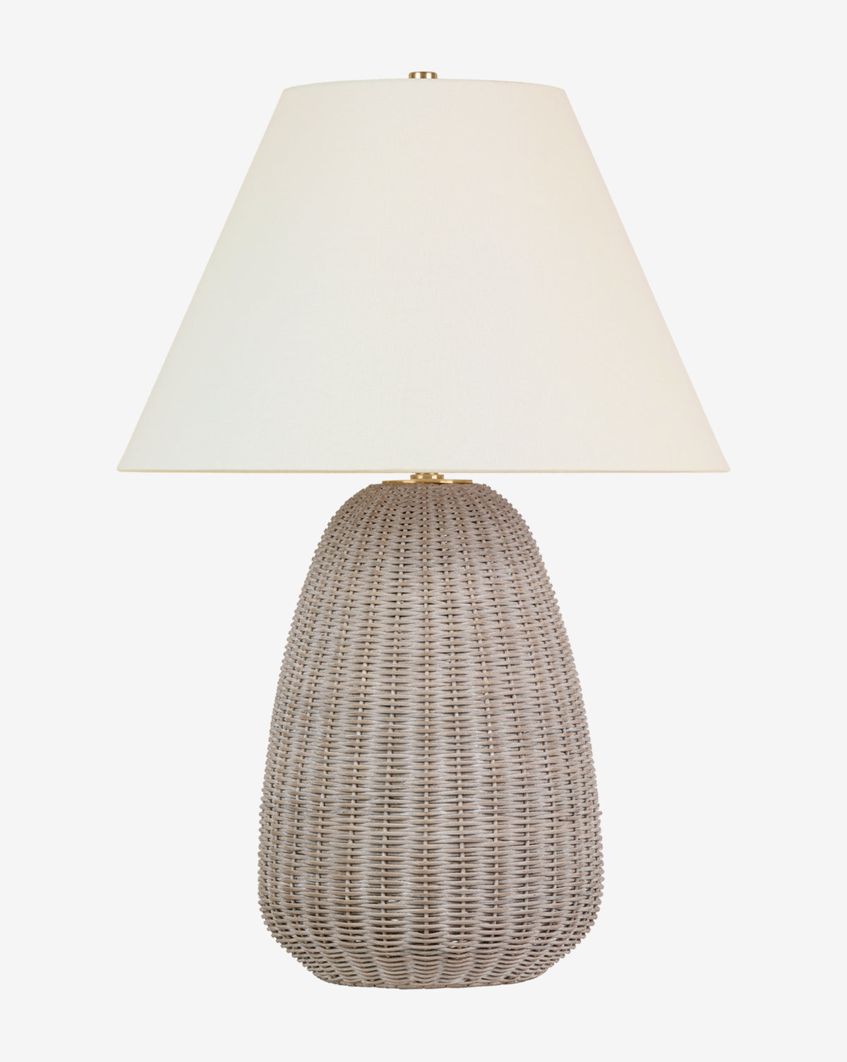 The Kokomo Table Lamp by Visual Comfort & Co. Signature has a textured light brown wicker base and a large white linen shade, shown against a plain white background. McGee & Co.