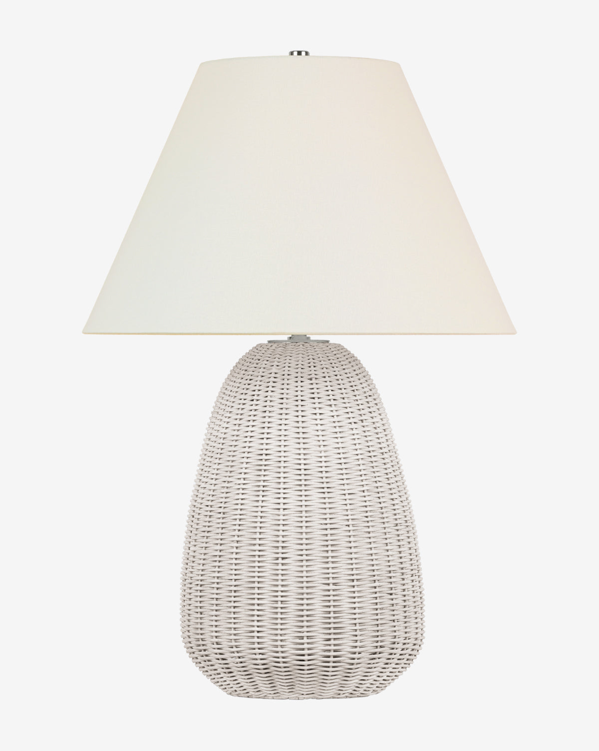 The Kokomo Table Lamp features a textured, woven white base and a large crisp white linen shade, shown against a plain white background, by McGee & Co.