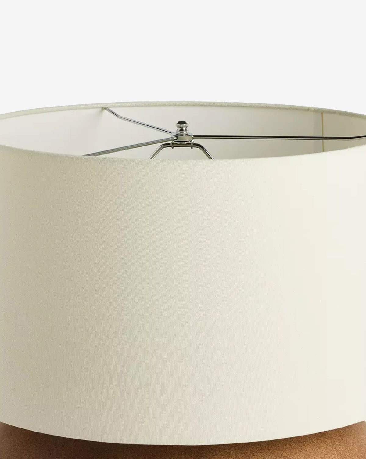 Close-up of the Kragen Table Lamp, highlighting its beige ceramic base, ivory linen shade, and visible metal frame and support rods, set against a plain white background, by McGee & Co.