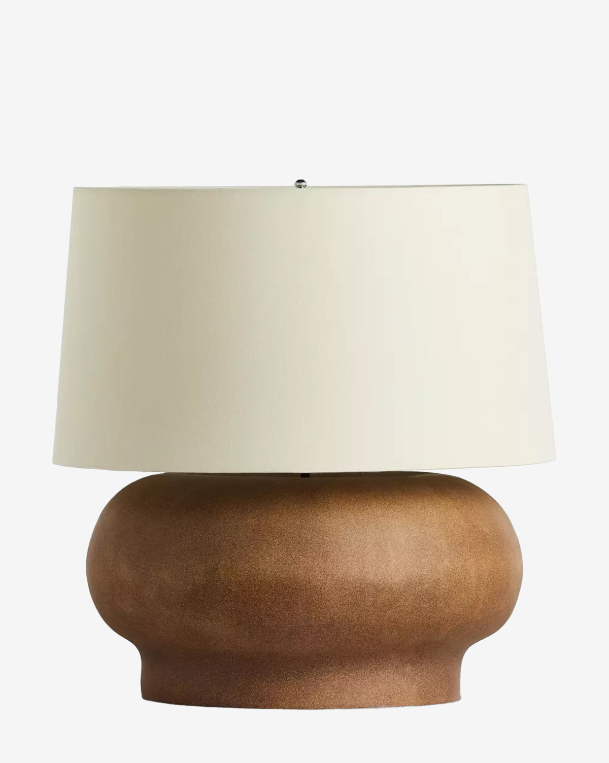The Kragen Table Lamp pairs a wide, rounded brown ceramic base with a large drum-shaped ivory linen shade, shown against a plain white background by McGee & Co.