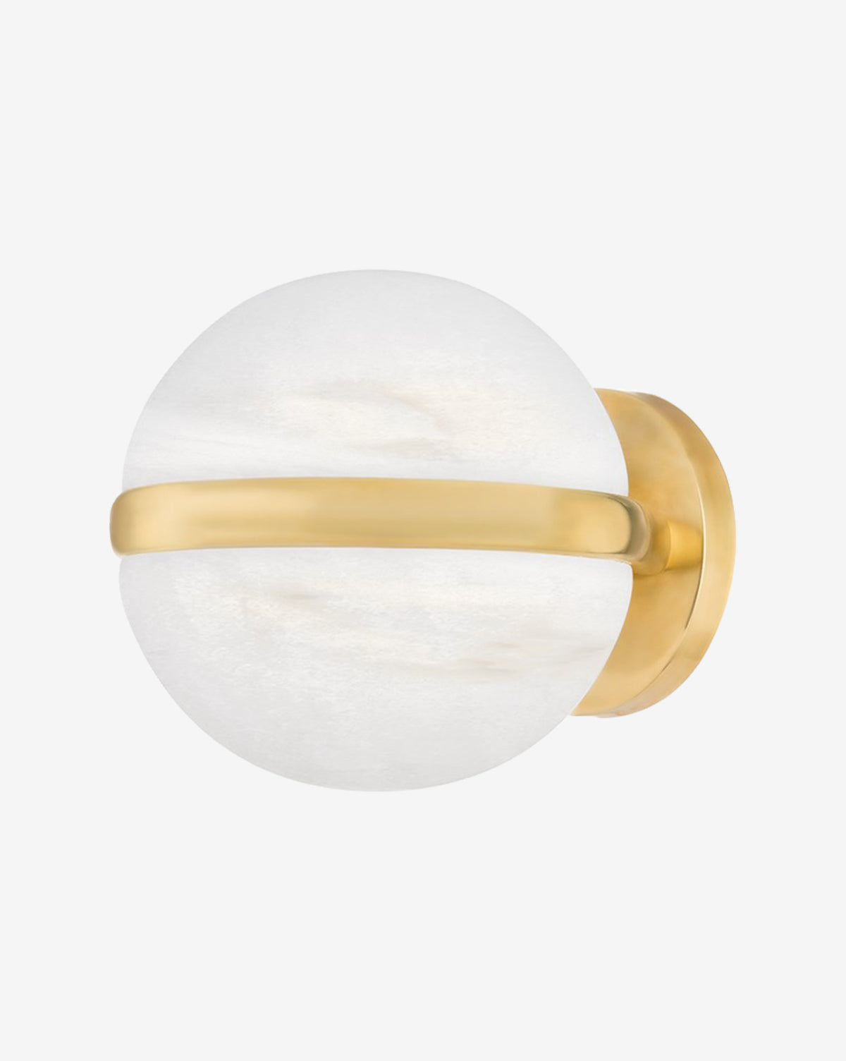 The Kyomi Sconce by Troy Lighting features a round frosted white glass globe, highlighted with a brass-accented horizontal band and a gold circular wall mount. McGee & Co.