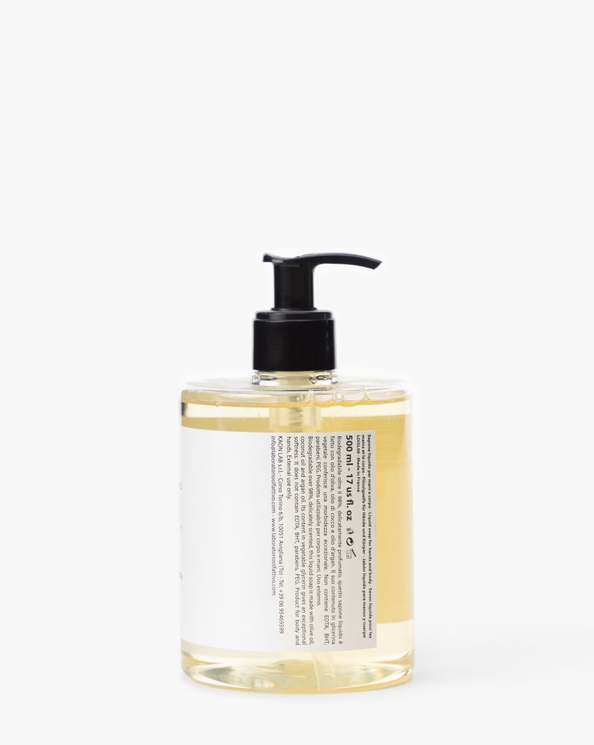 The Laboratorio Olfattivo Liquid Soap comes in a clear plastic pump bottle with yellow botanical soap made from olive and coconut oil, featuring a black dispenser and a white label, shown on a plain white background.