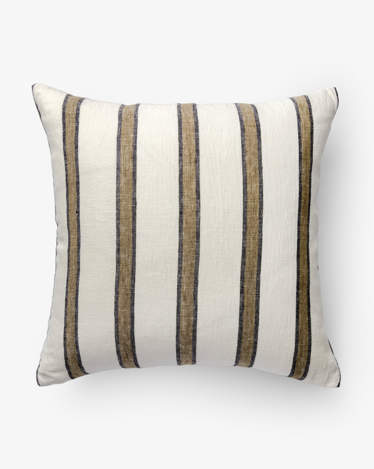 The Lago Pillow Cover features a white background with dark blue and tan vertical stripes, adding a cozy touch to your bedding, by McGee & Co. Shown here against a plain white surface.