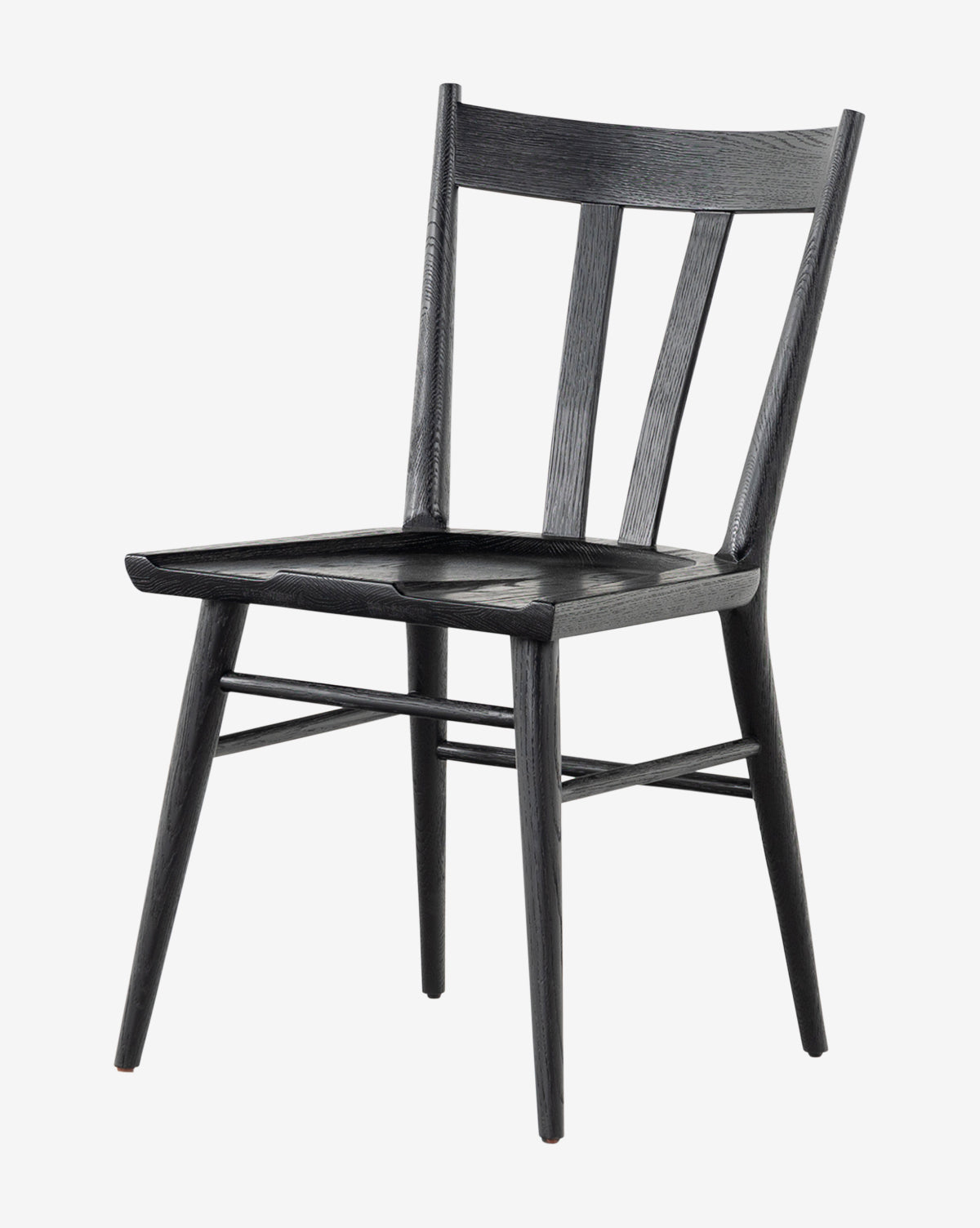 The Lahargoue Dining Chair features a black oak finish, a Scandinavian design with a slightly curved backrest, three vertical slats, and tapered legs, shown against a white background by McGee & Co.