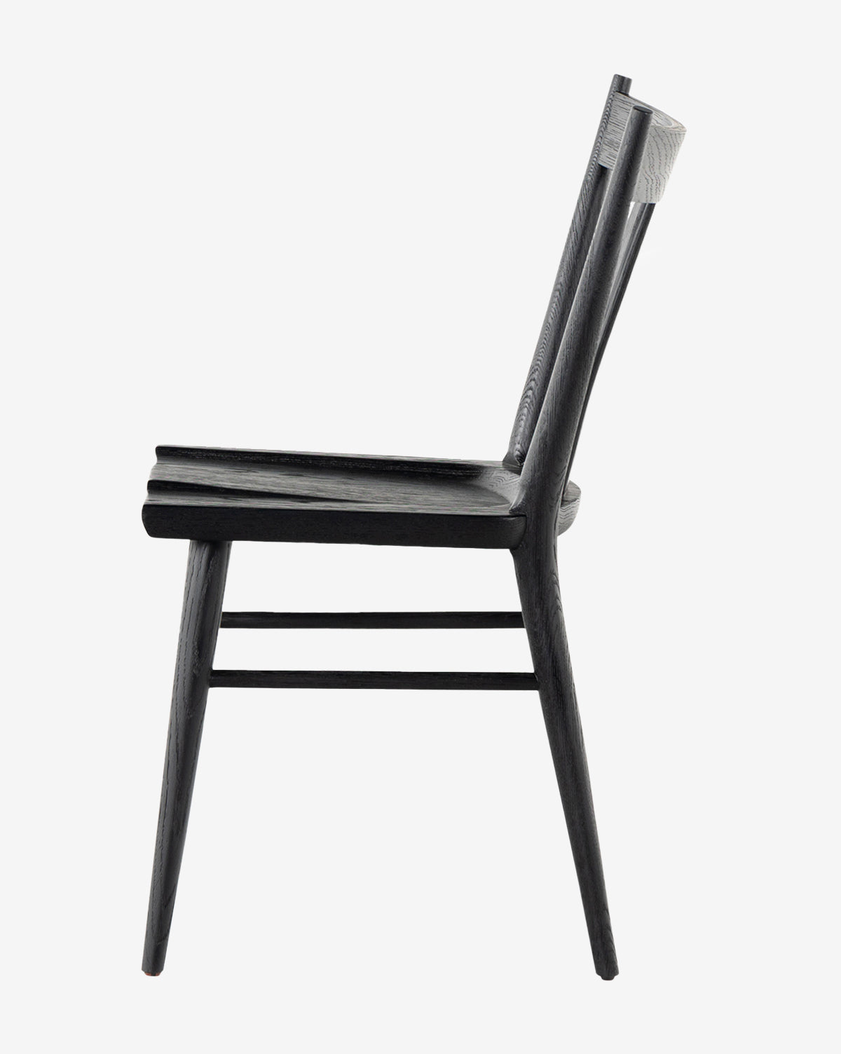 Side view of the Lahargoue Dining Chair in black oak finish, showcasing a slightly angled backrest, flat seat, and four tapered legs, set against a plain white background by McGee & Co.