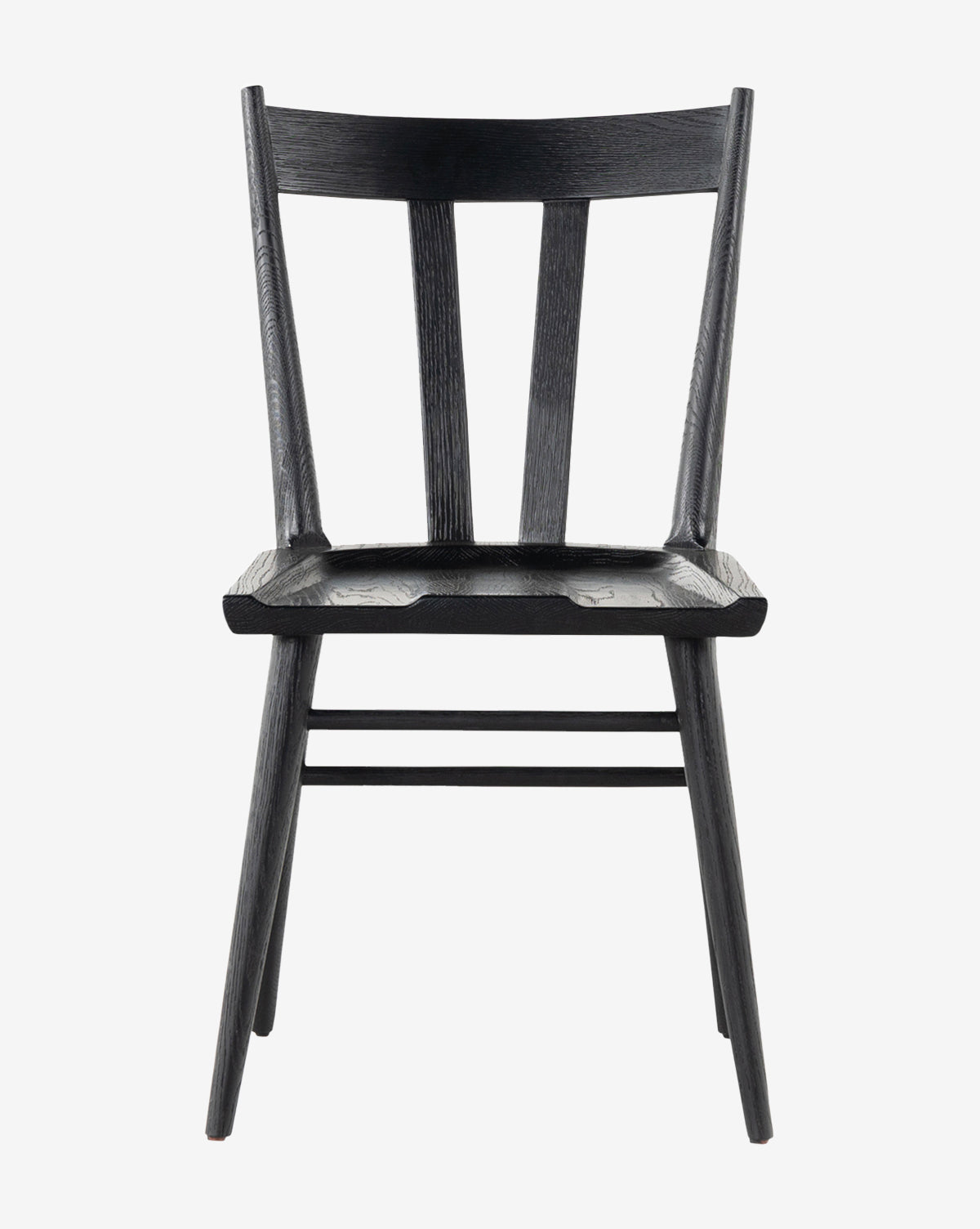 The Lahargoue Dining Chair is a black wooden chair with a curved backrest, vertical slats, and angled legs in a sleek black oak finish, shown against a white background by McGee & Co.